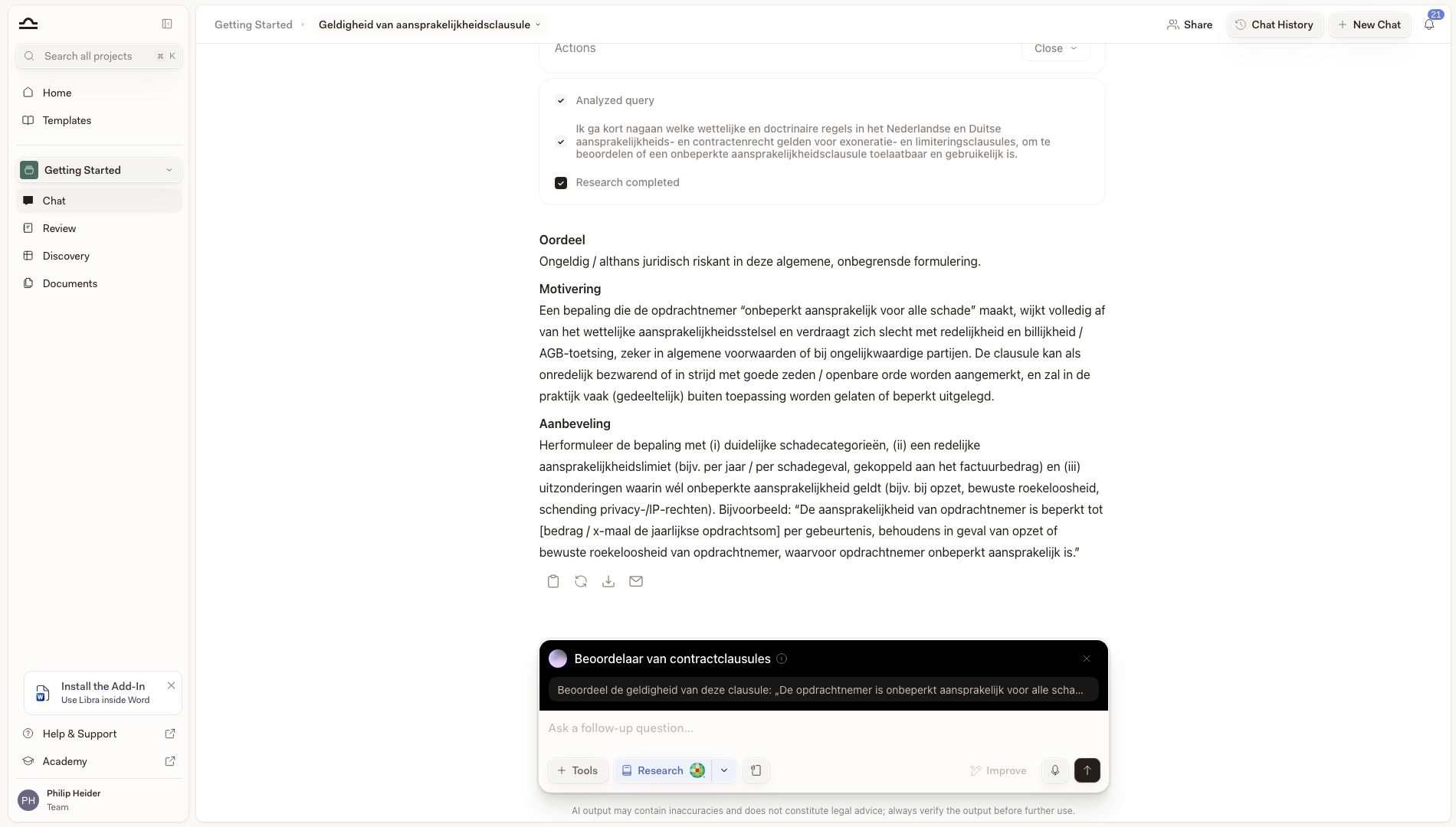 Antwoord van de Assistant voorzien van de naam van de Assistant, met de Assistant nog gekoppeld aan het invoerveld