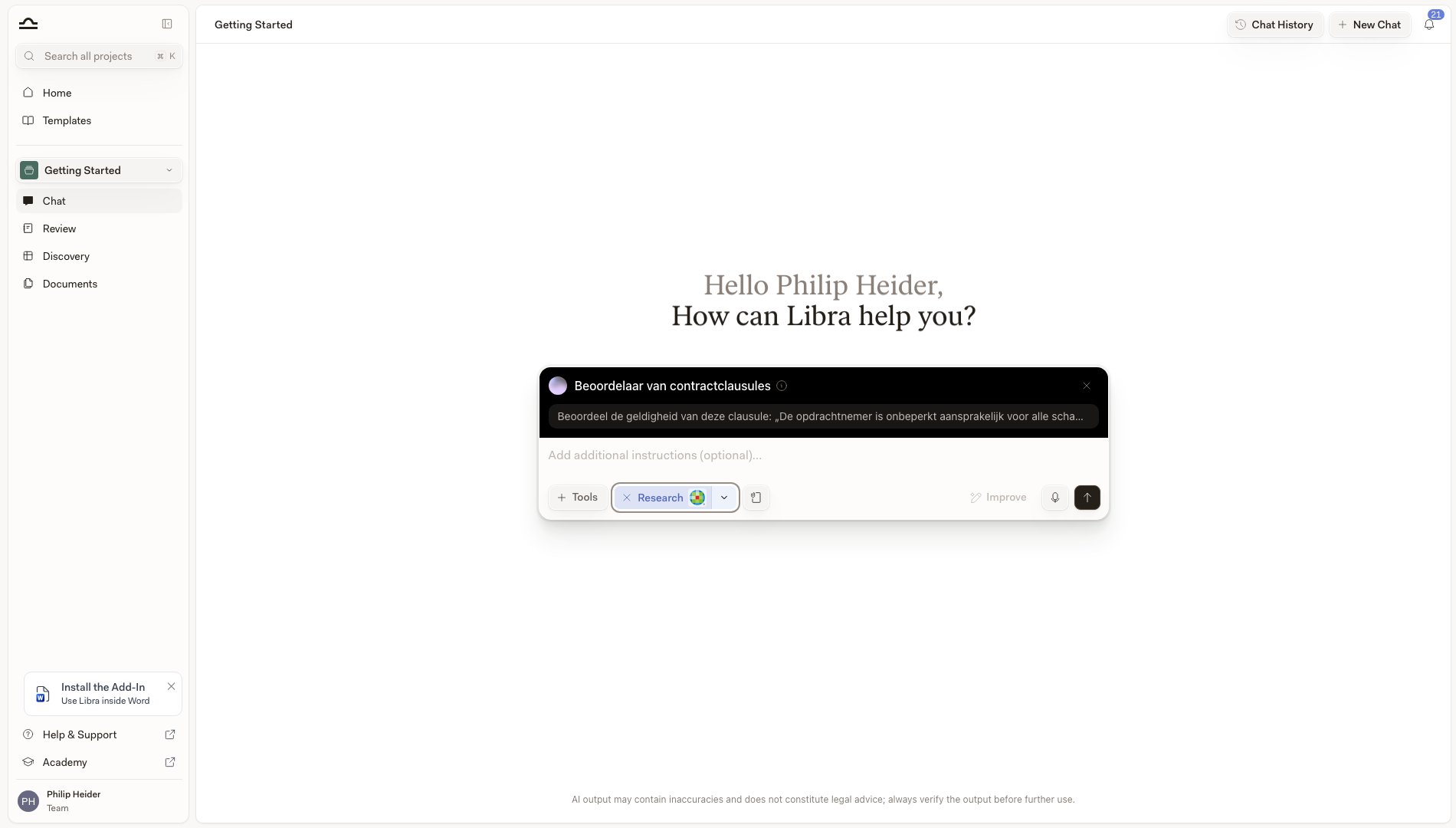 Actieve Assistant weergegeven als een balk boven het invoerveld van de Libra-chat, met een geladen gespreksstarter