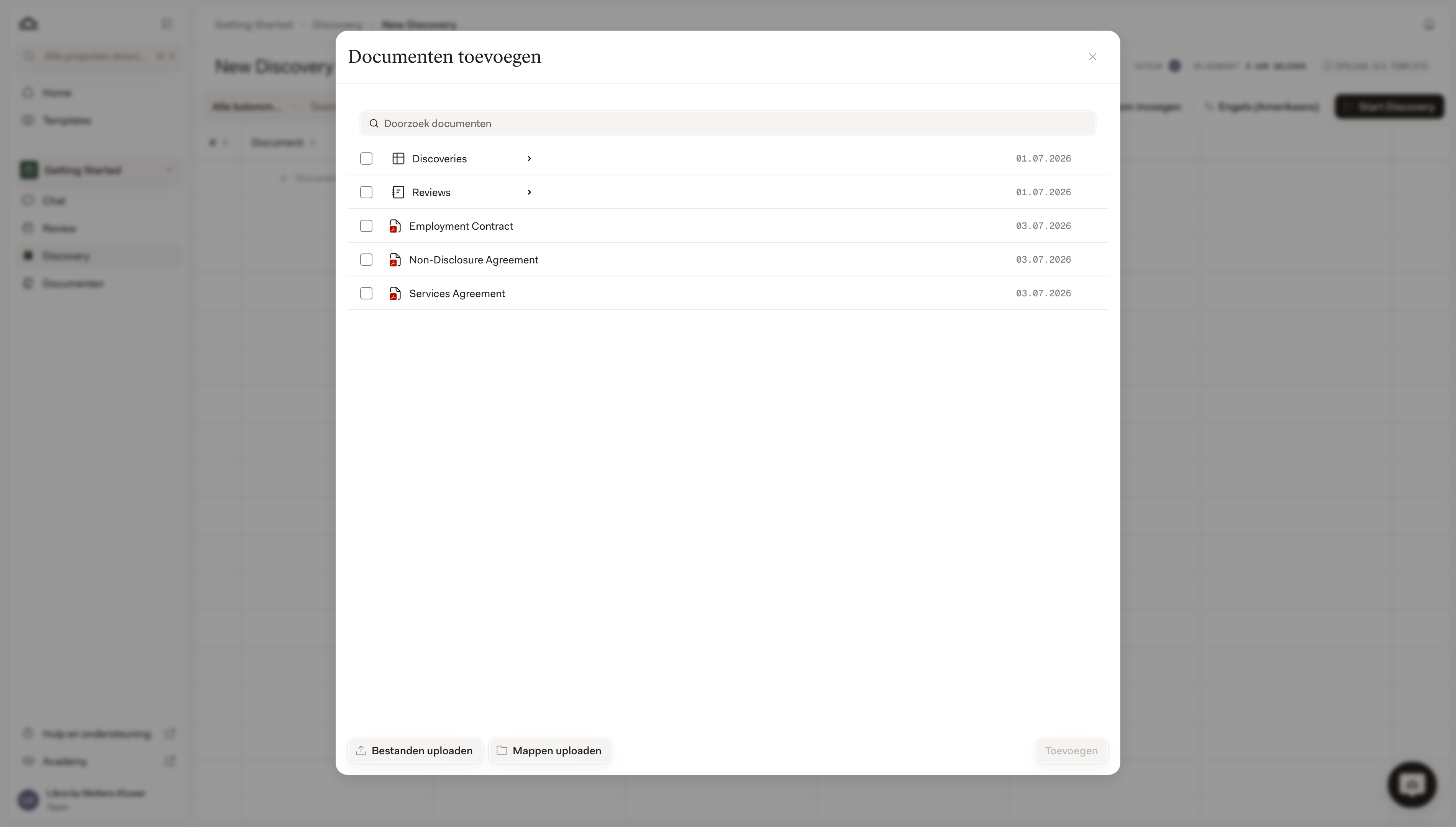Kiezer Documenten toevoegen met de bestanden van het project, met onderaan Bestanden uploaden