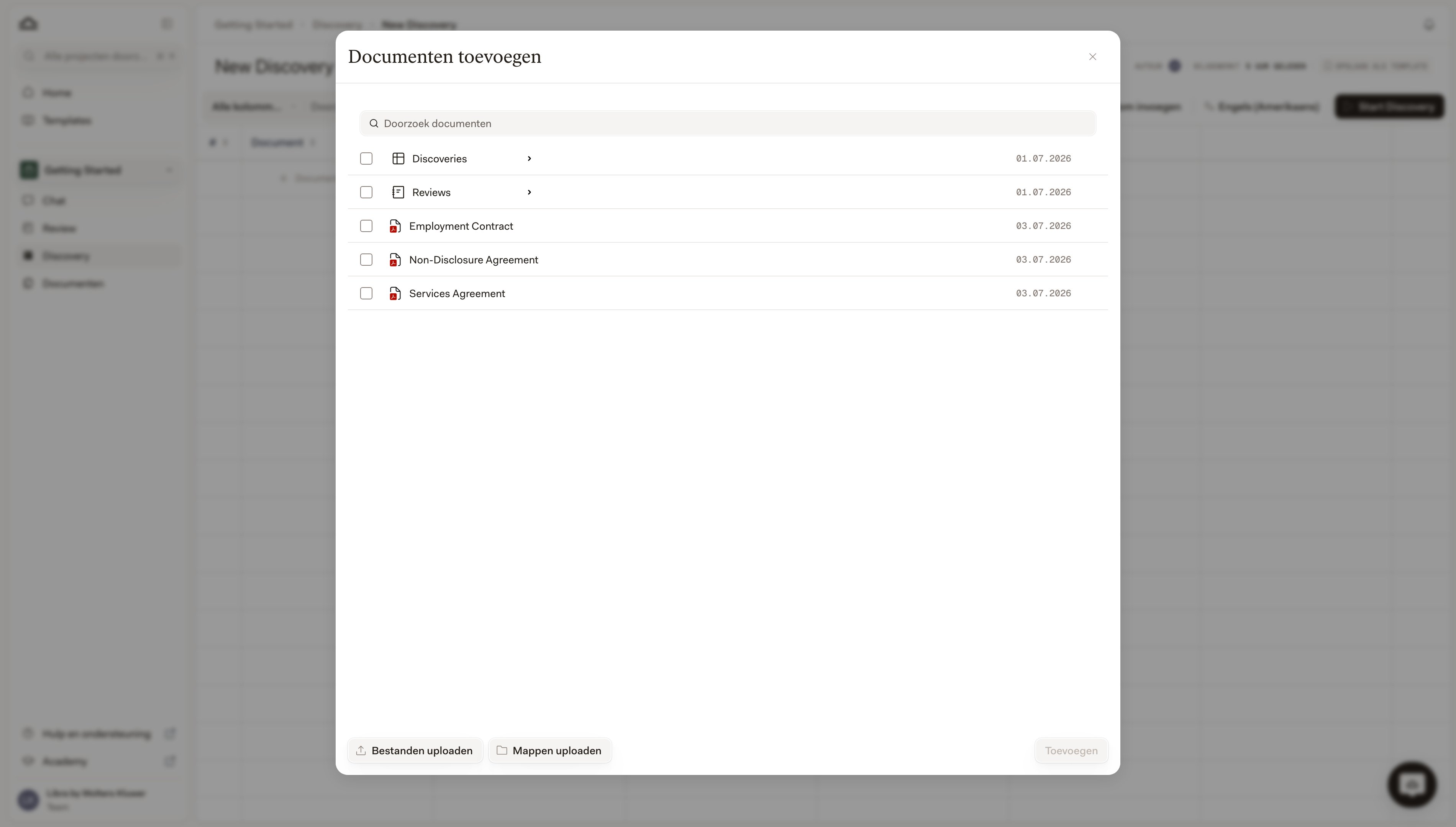 Kiezer Documenten toevoegen met de bestanden van het project, met onderaan Bestanden uploaden