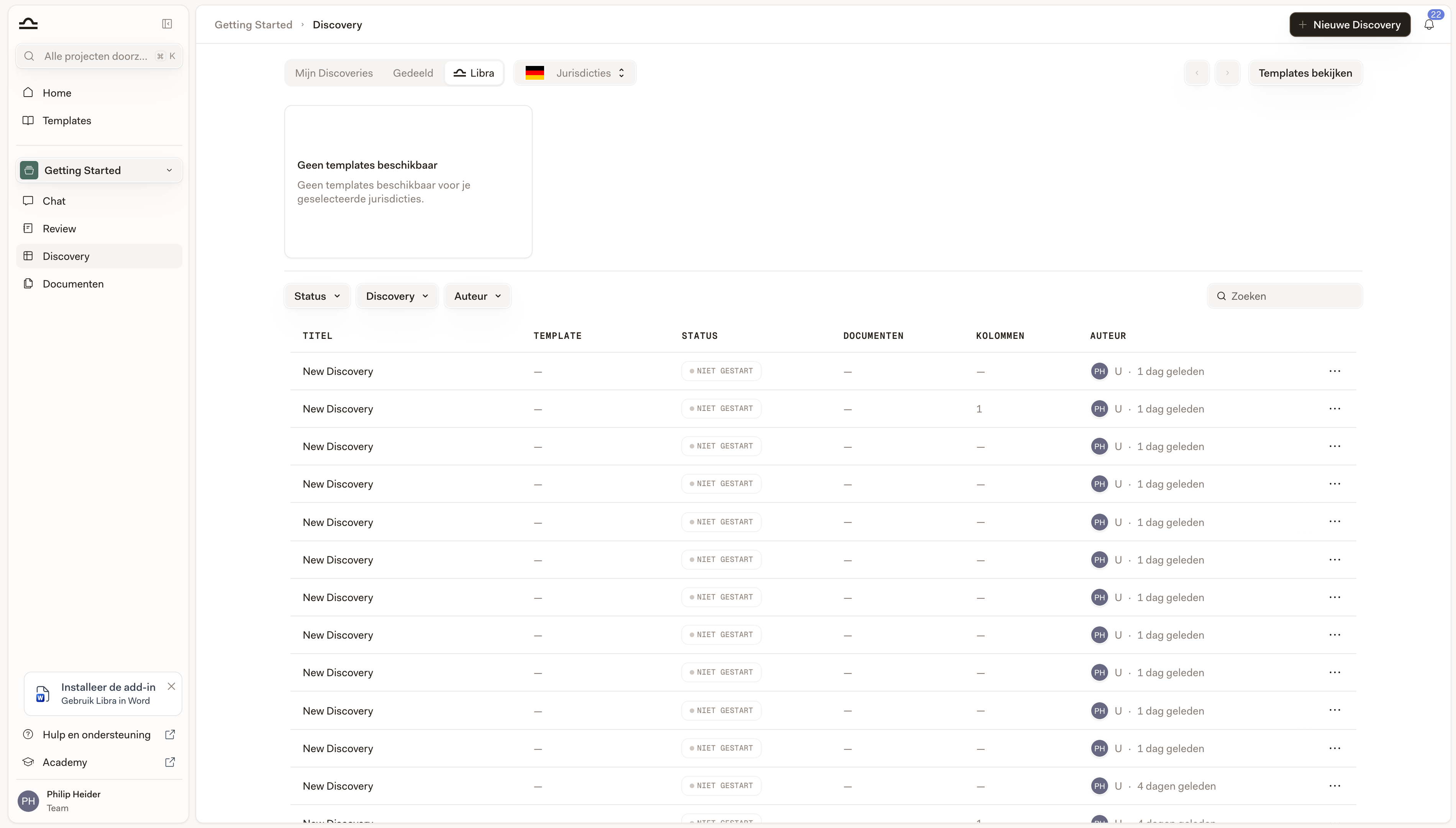 Discovery-sectie met de knop Nieuwe Discovery gemarkeerd