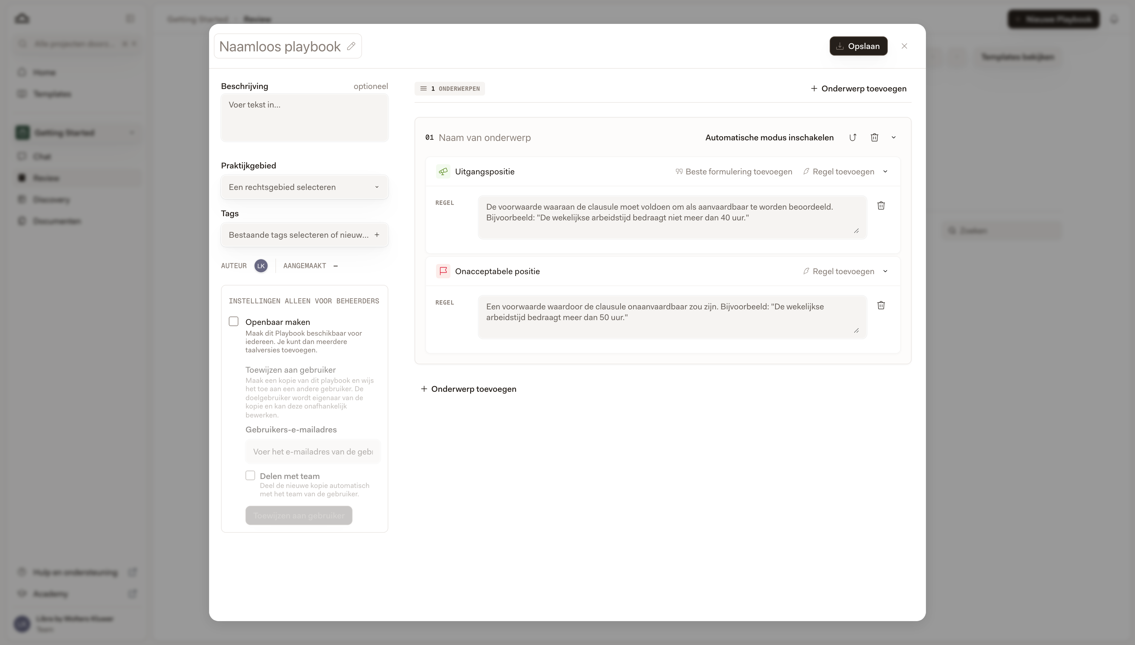 Een nieuw Onderwerp in de Playbook-editor met Posities 2 — een Startpositie en een Niet-acceptabele positie, elk met één lege Regel — plus de knoppen Terugval toevoegen, Regel toevoegen en Ideale formulering toevoegen
