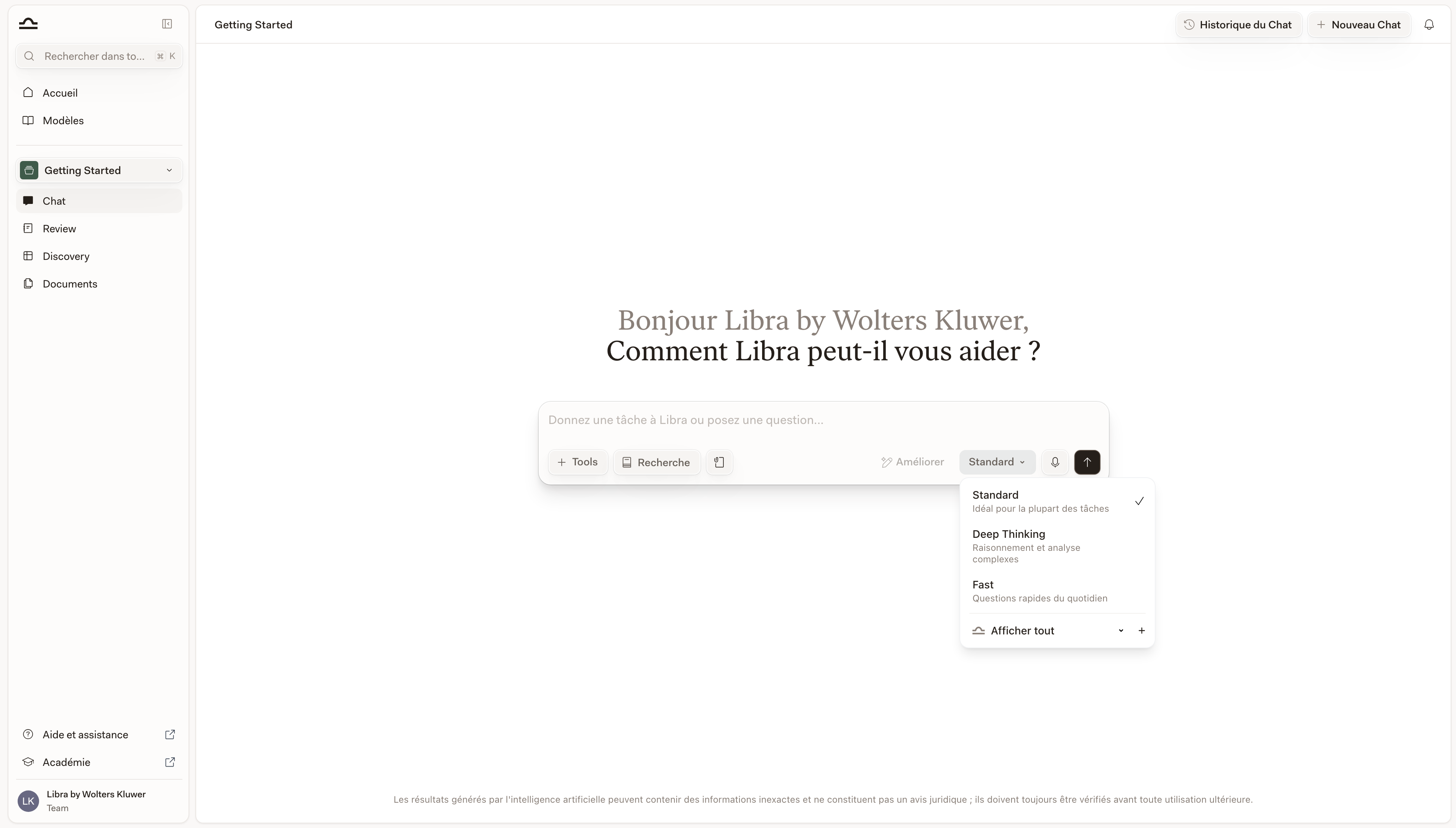 Le menu des modes ouvert sous la zone de saisie du chat, affichant Standard, Deep Thinking et Fast