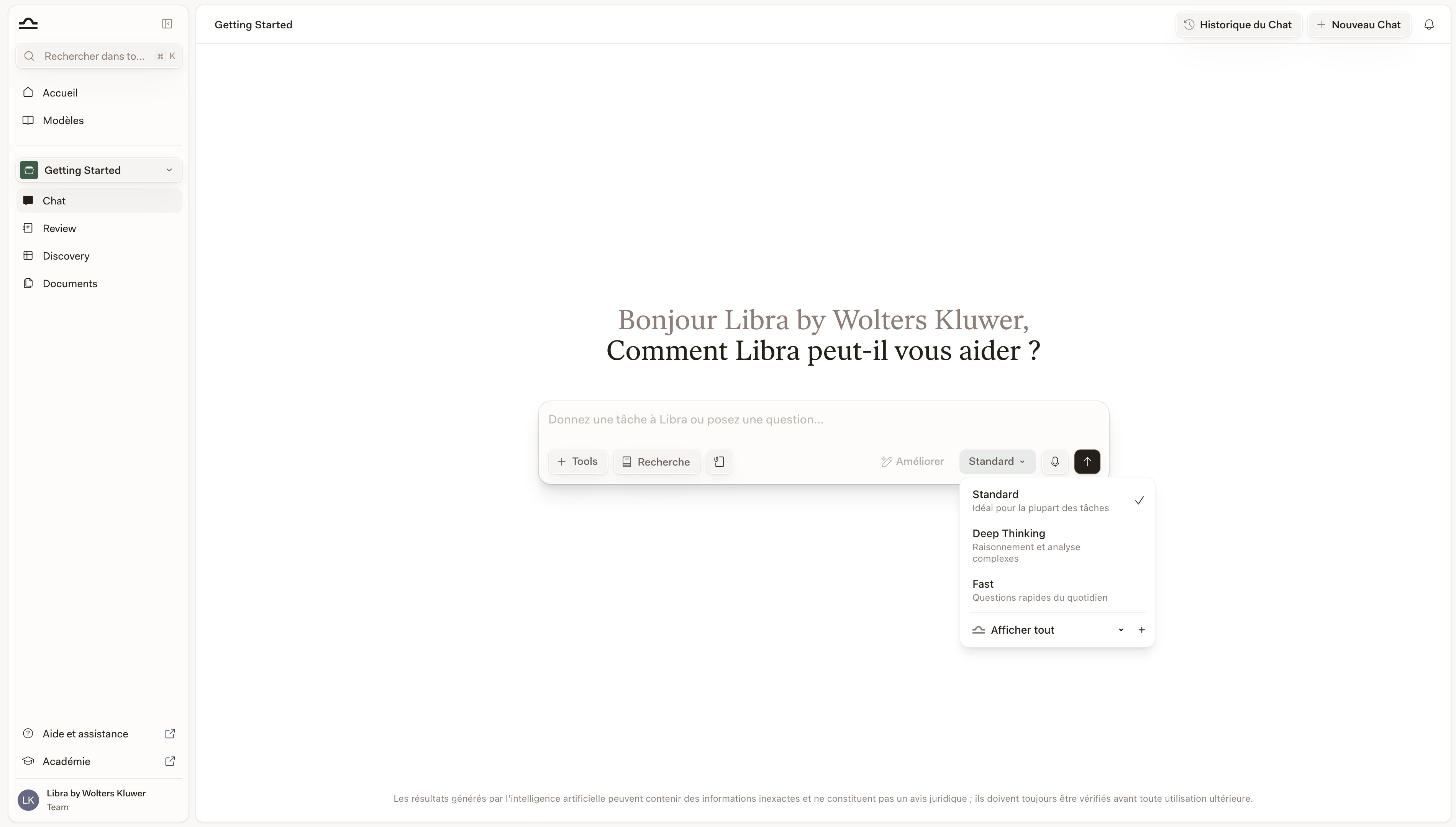 Le menu des modes ouvert sous la zone de saisie du chat, affichant Standard, Deep Thinking et Fast
