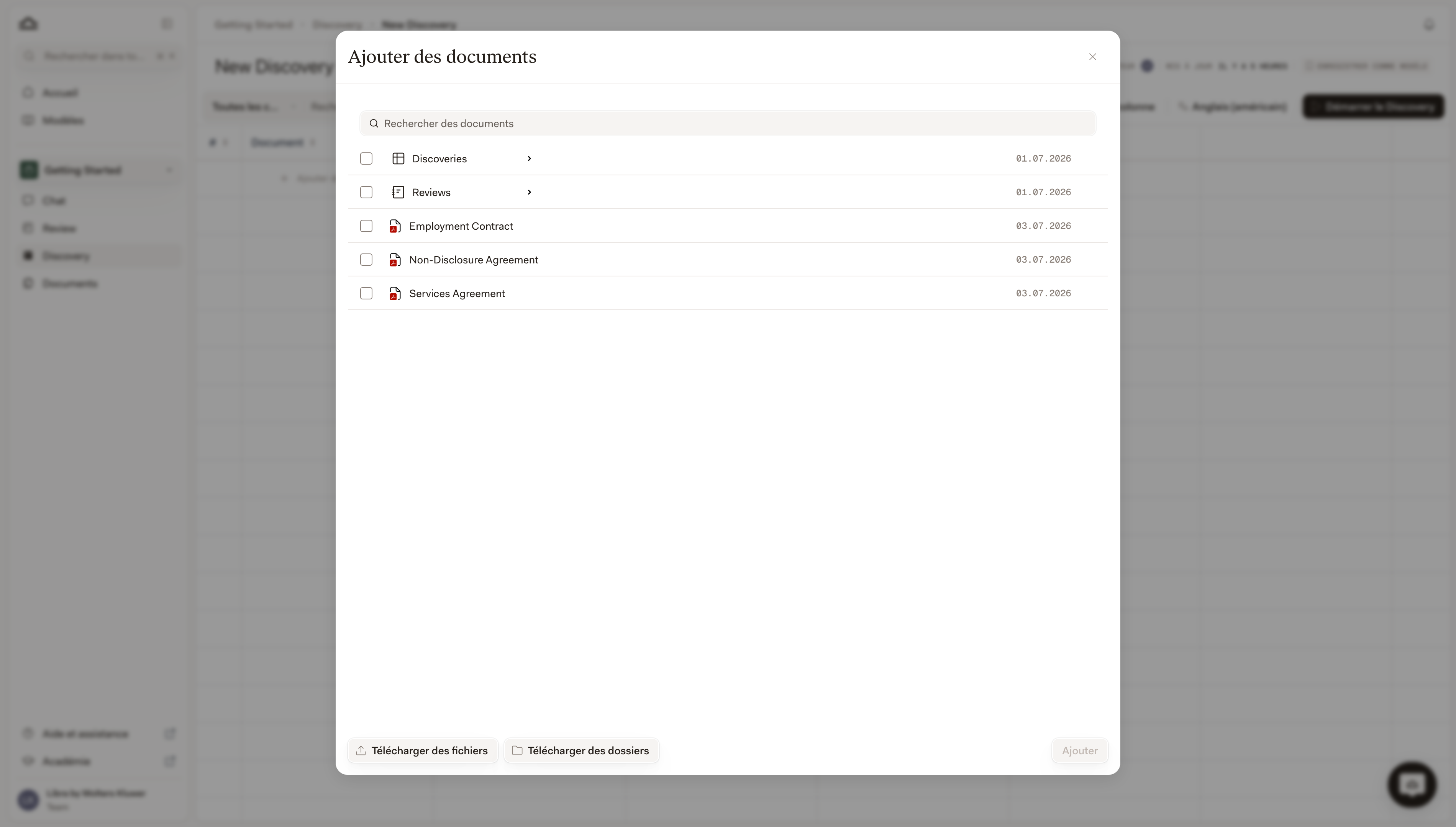 Sélecteur Ajouter des documents listant les fichiers du projet, avec Importer des fichiers en bas