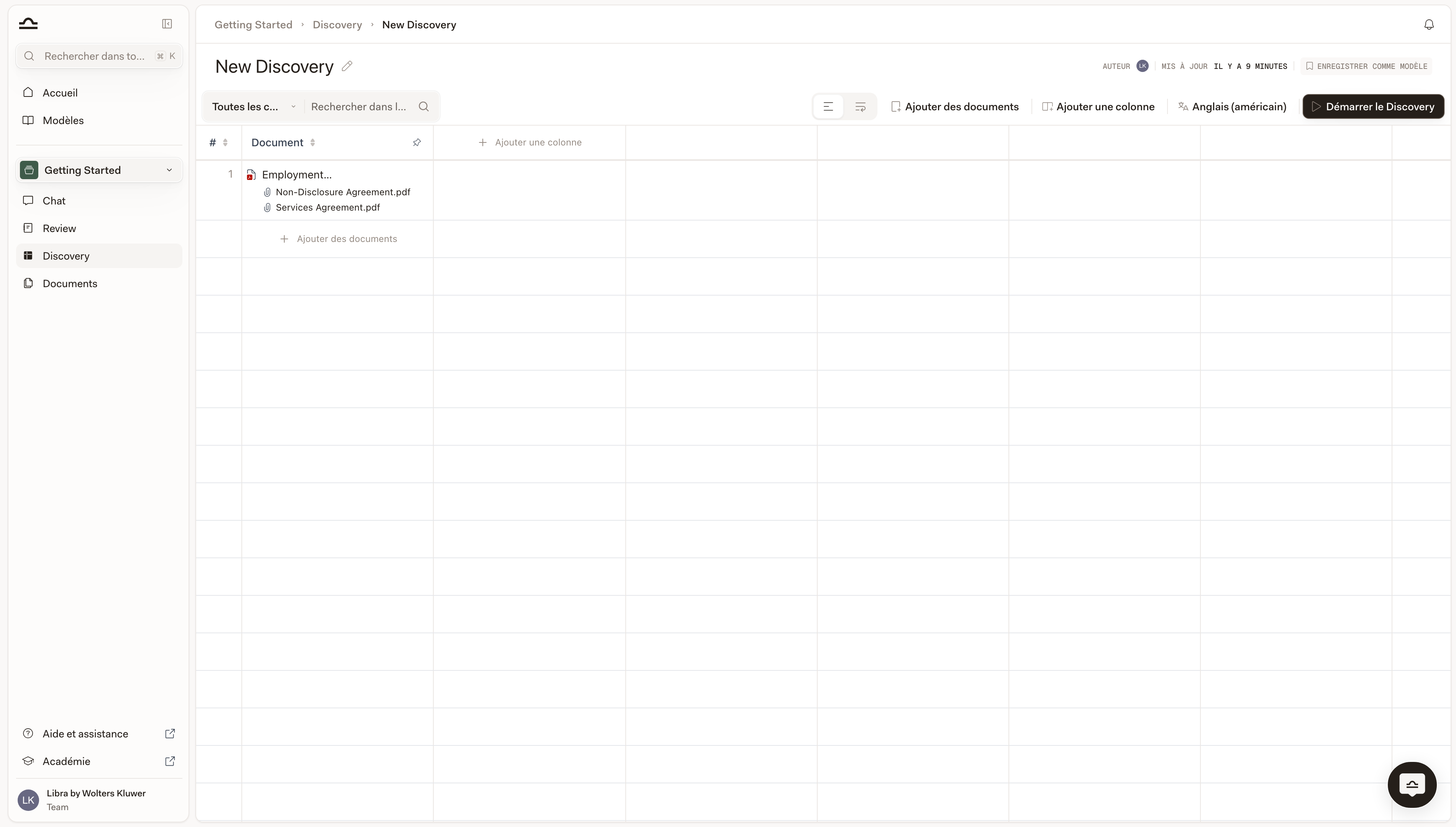 Tableau Discovery avec les documents ajoutés et le bouton « Lancer le Discovery » prêt