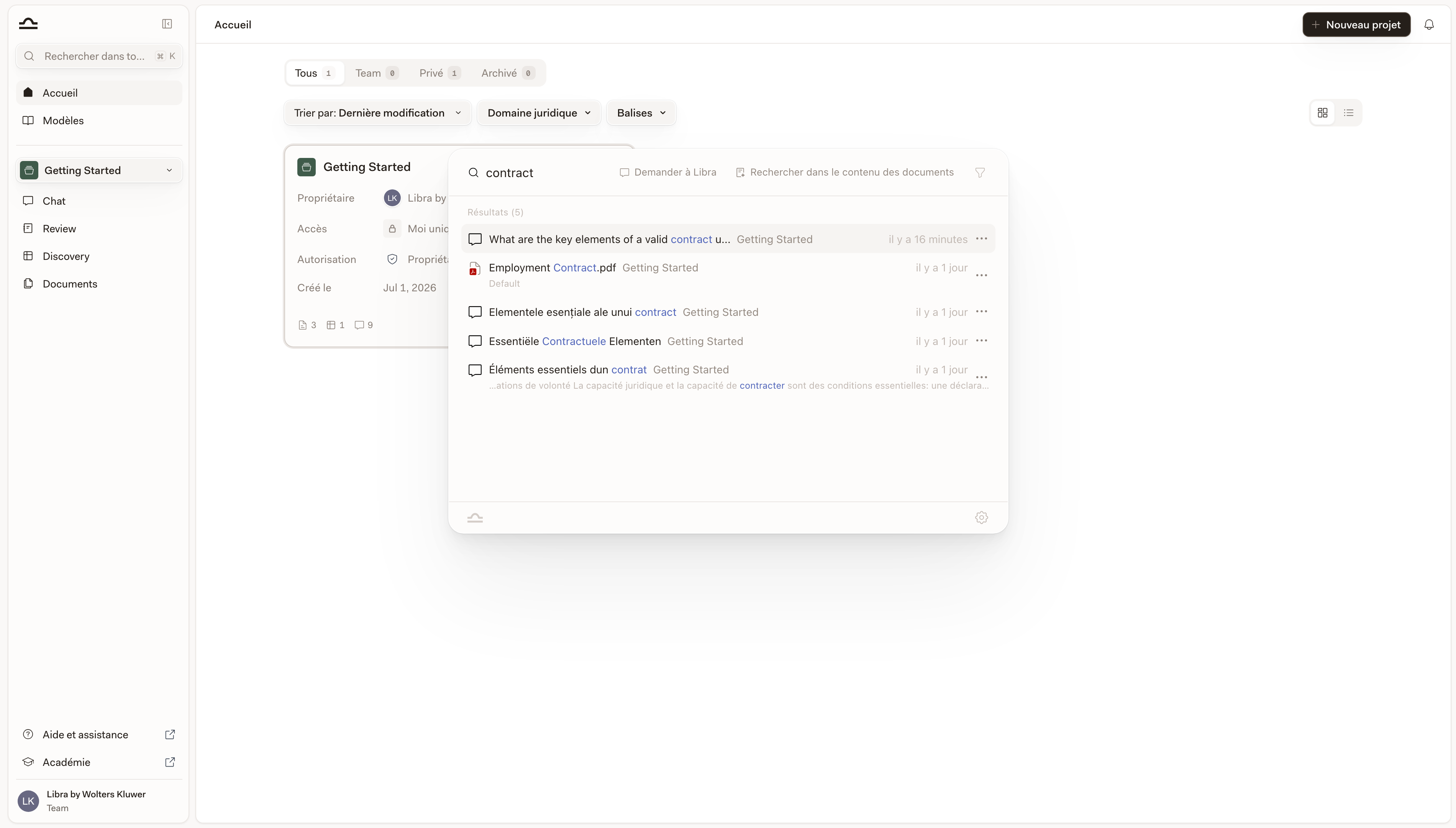 Page Accueil avec un filtrage de recherche actif