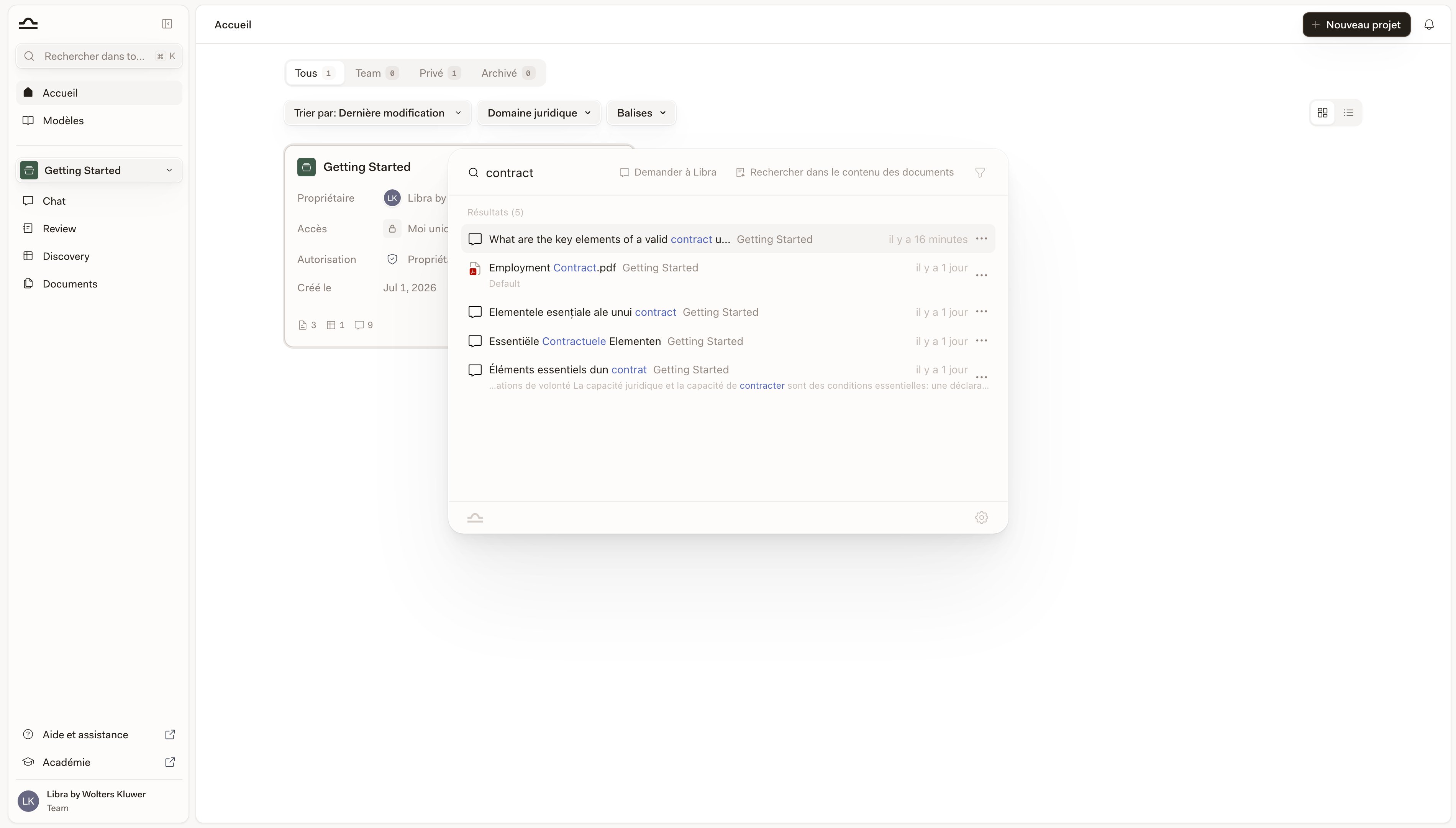 Page Accueil avec un filtrage de recherche actif
