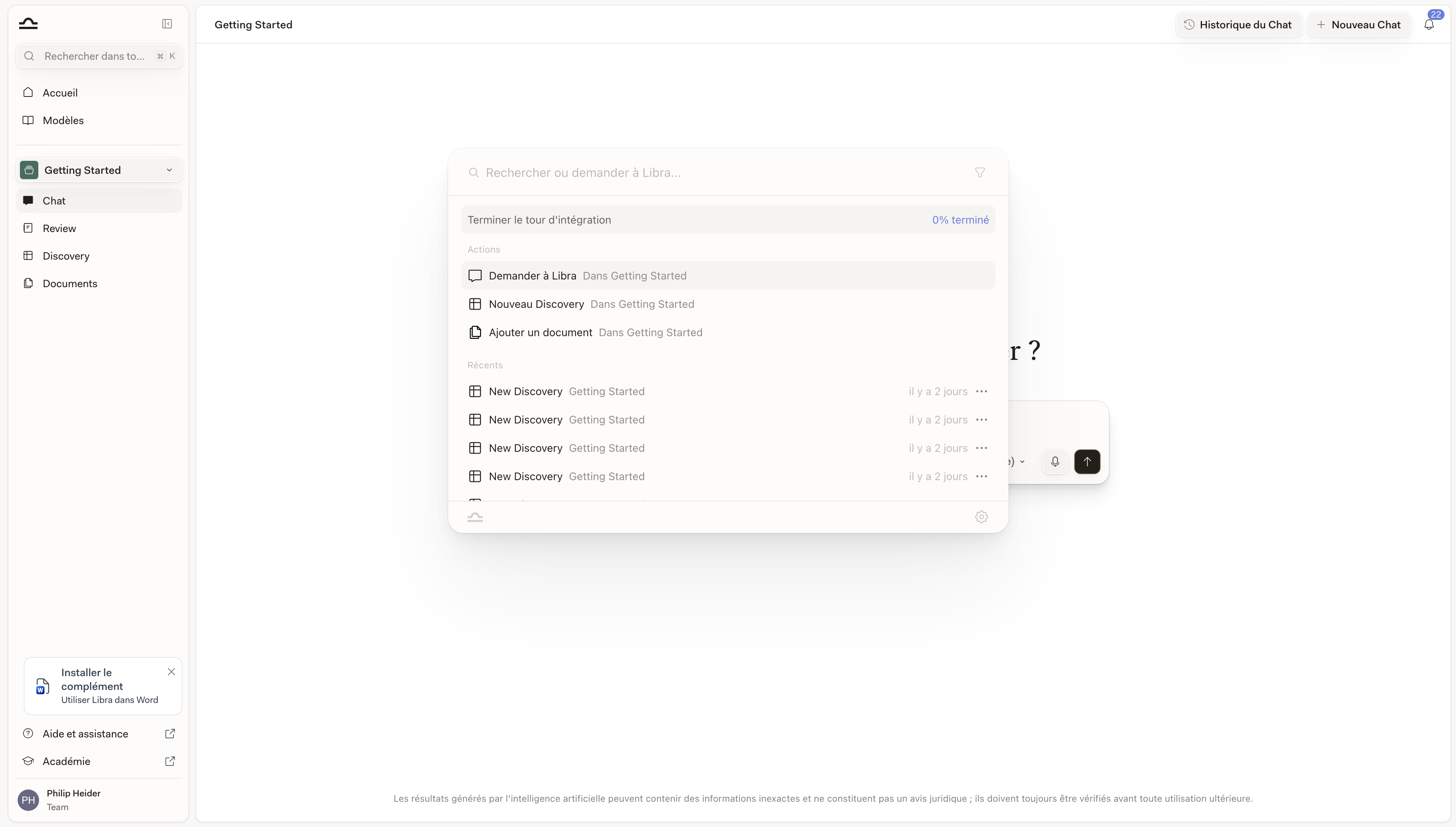 Bandeau des étapes de recherche déplié, montrant chaque base de données interrogée et le raisonnement de Libra