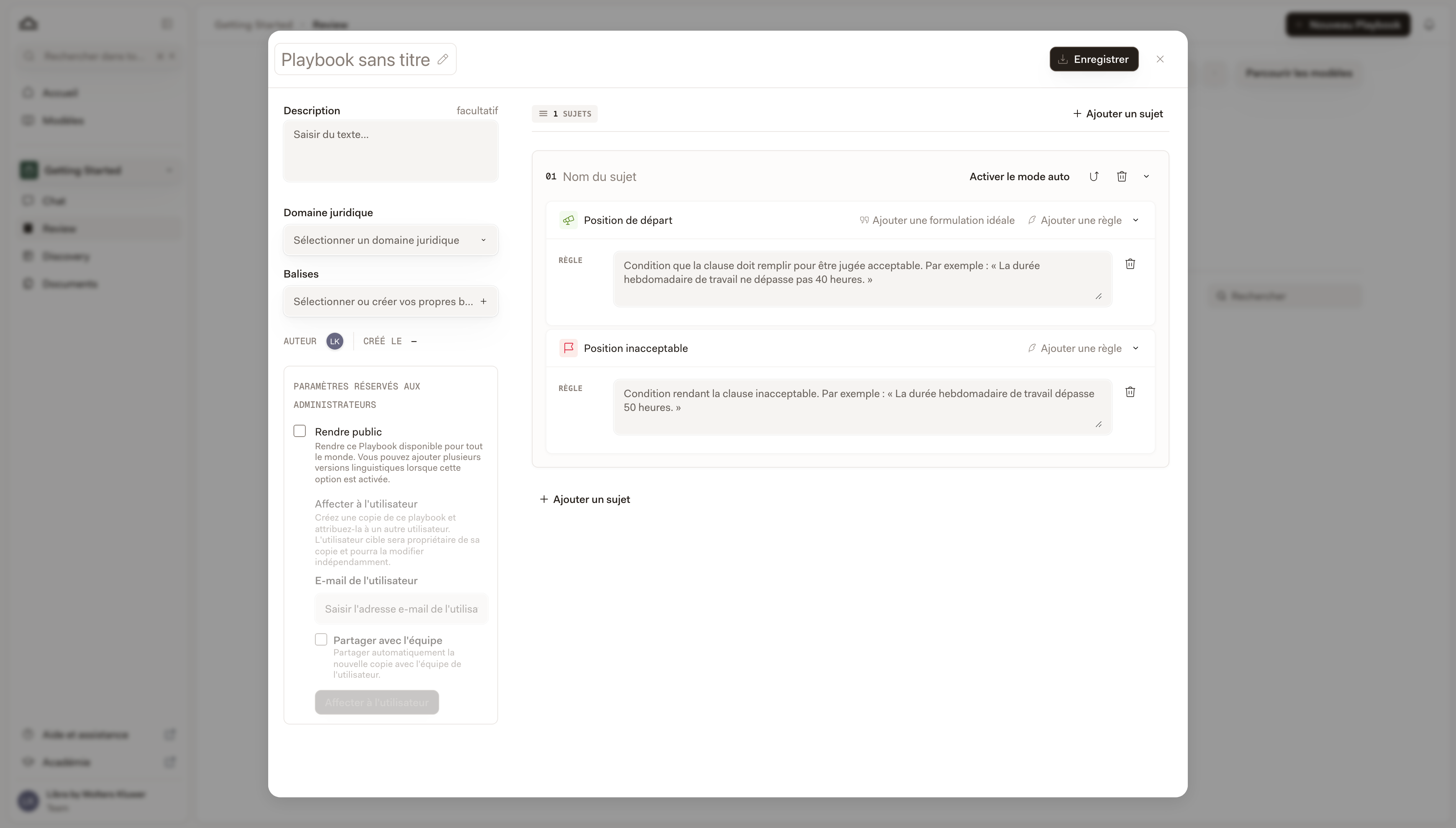 Un nouveau Thème dans l'éditeur de Playbook affichant Positions 2 — une Position de départ et une Position inacceptable, chacune avec une Règle vide — ainsi que les commandes Ajouter un repli, Ajouter une règle et Ajouter un libellé idéal