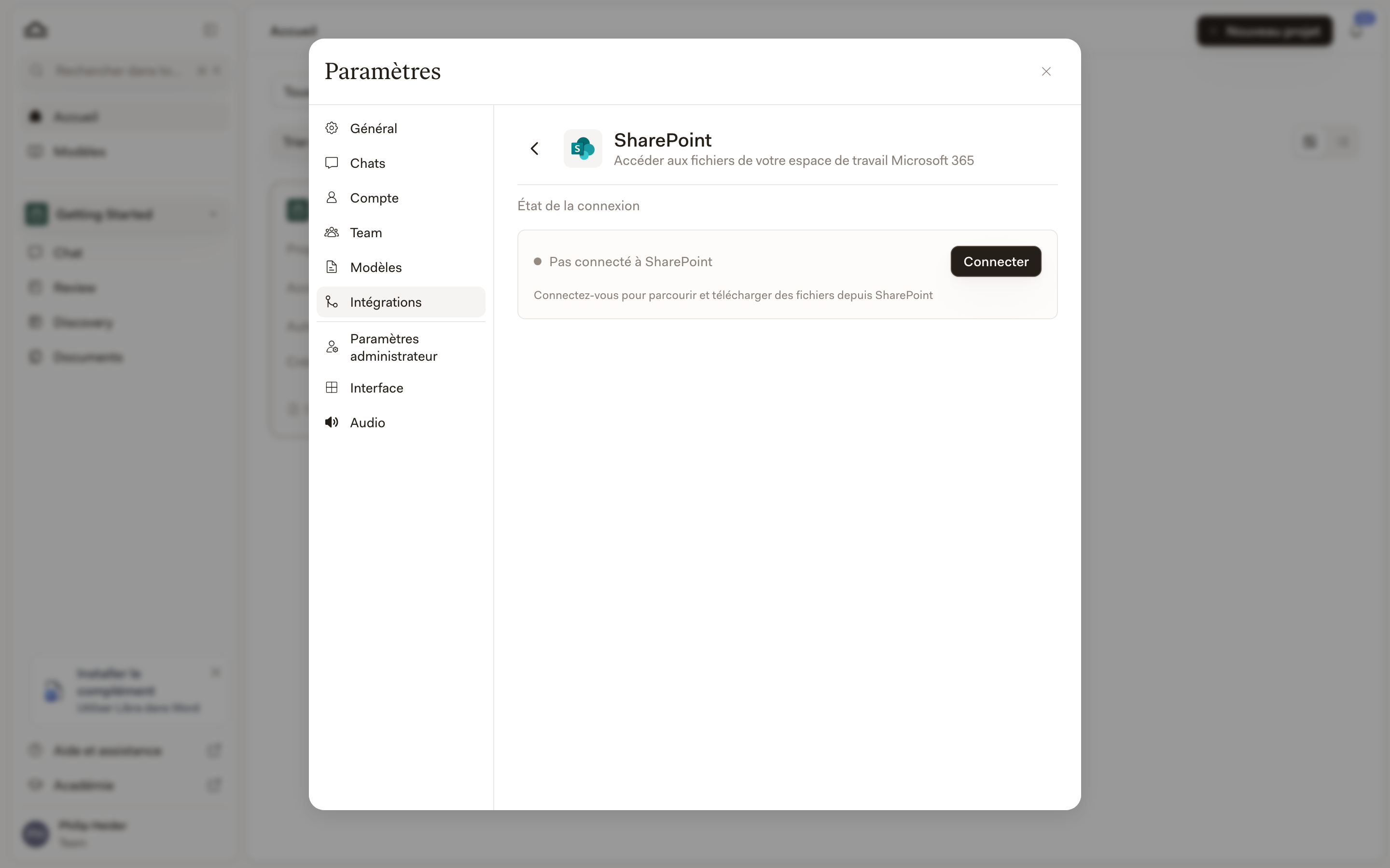 Le panneau d'intégration SharePoint affichant l'état de la connexion « Non connecté à SharePoint », avec un bouton « Connecter »