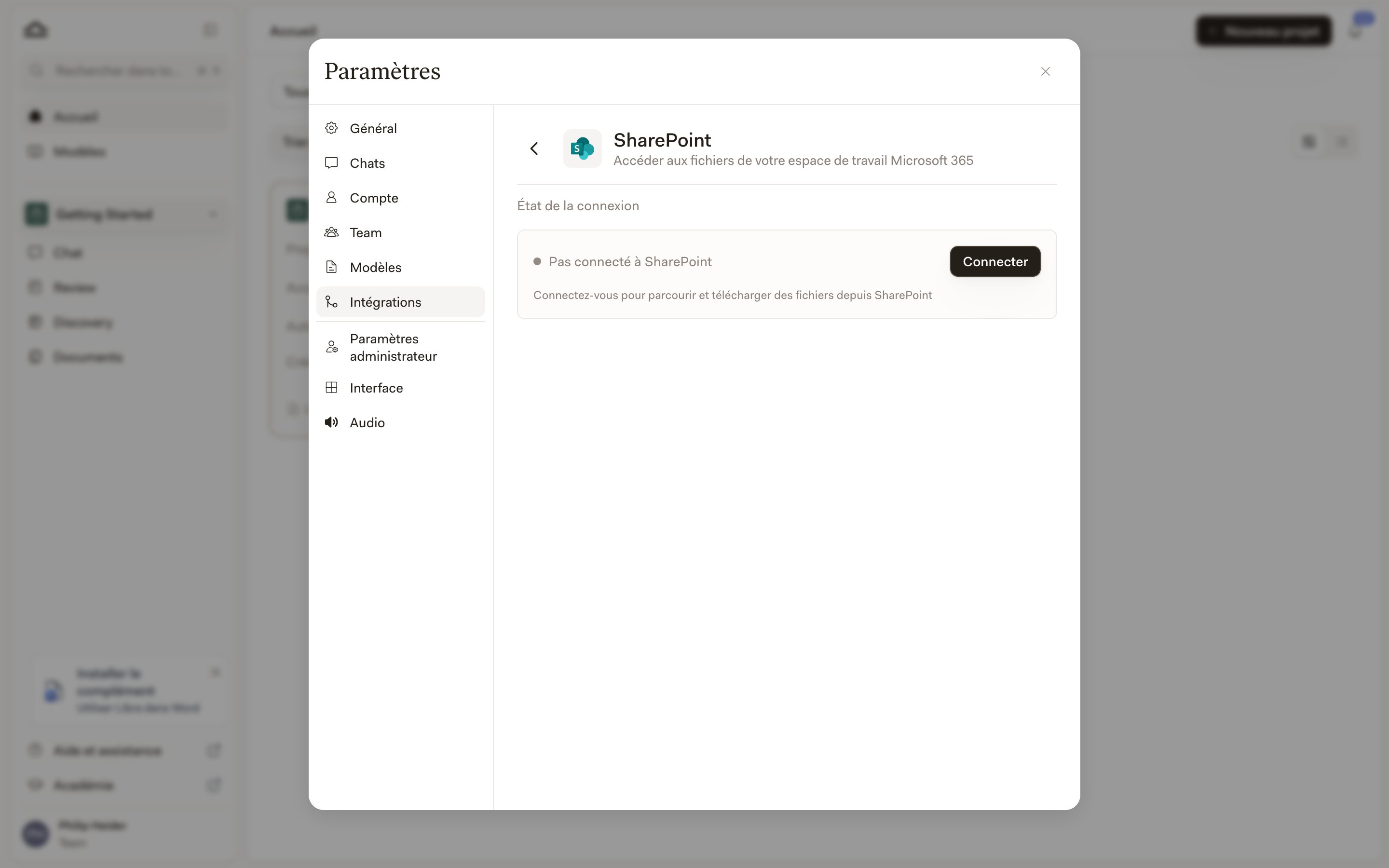 Le panneau d'intégration SharePoint affichant l'état de la connexion « Non connecté à SharePoint », avec un bouton « Connecter »