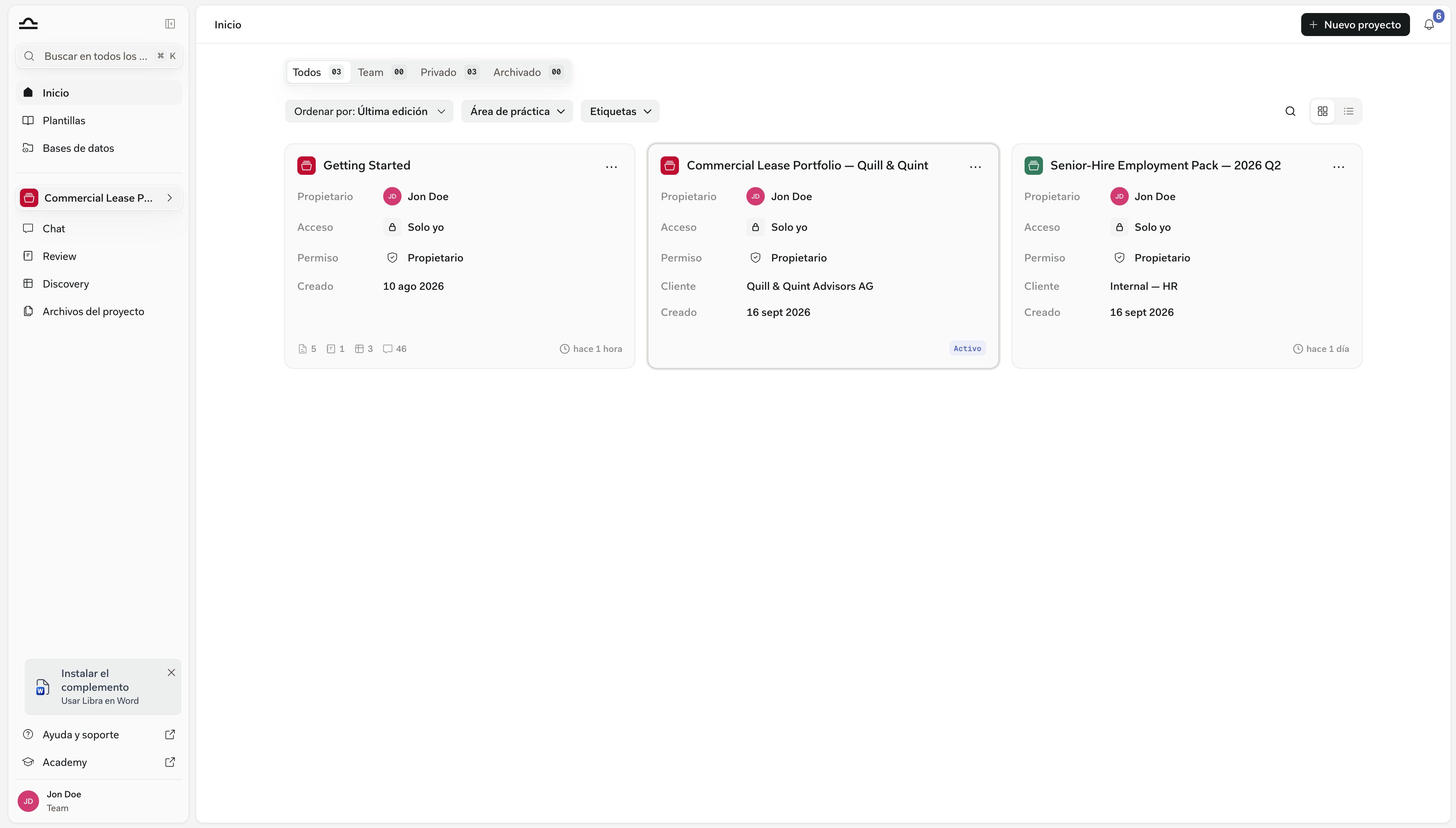 Página Inicio mostrando la lista de proyectos