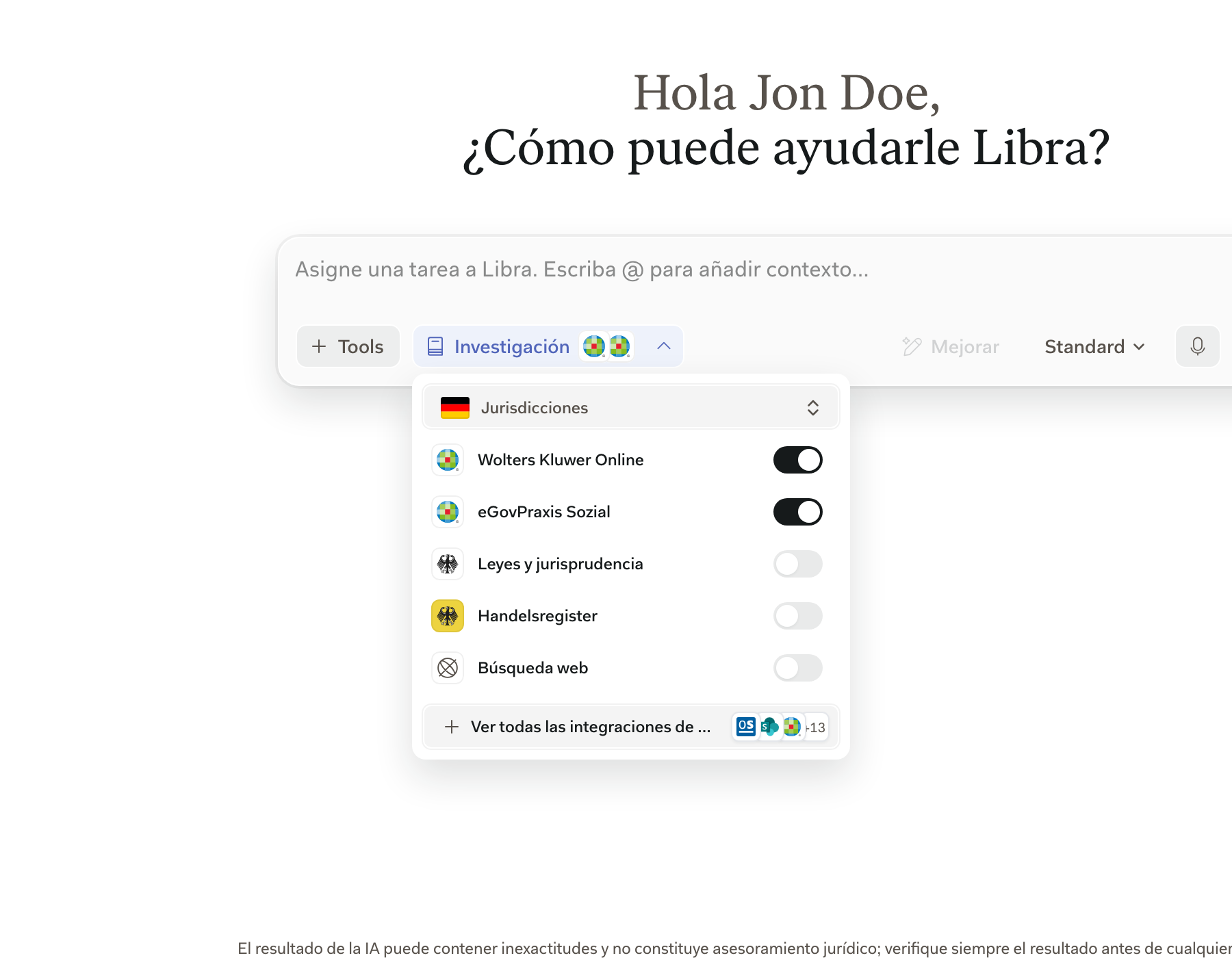 El panel de Investigación abierto en el cuadro de redacción, con la fila de Wolters Kluwer Online y su interruptor encima de las demás fuentes alemanas y suizas