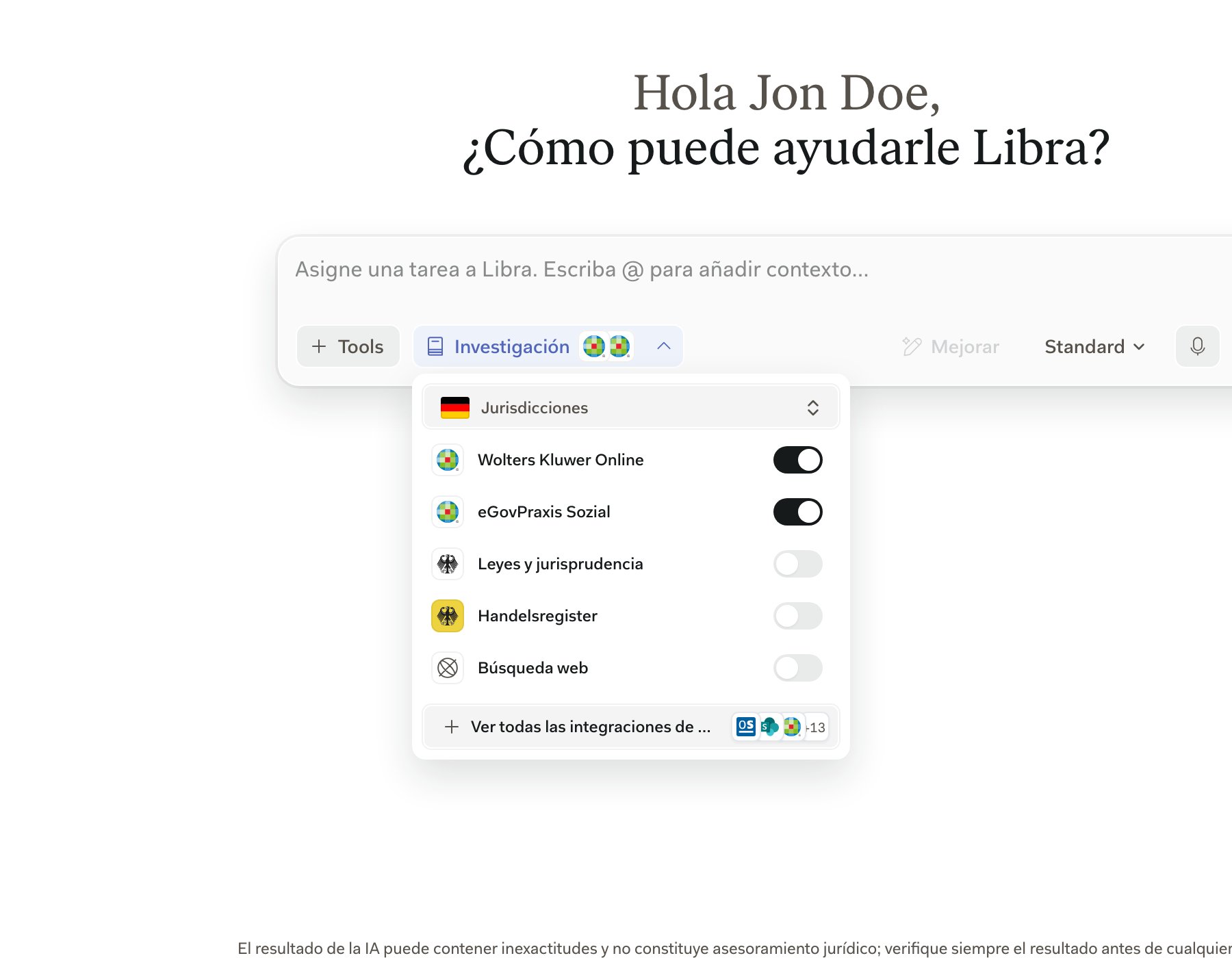 El panel de Investigación abierto en el cuadro de redacción, con la fila de Wolters Kluwer Online y su interruptor encima de las demás fuentes alemanas y suizas