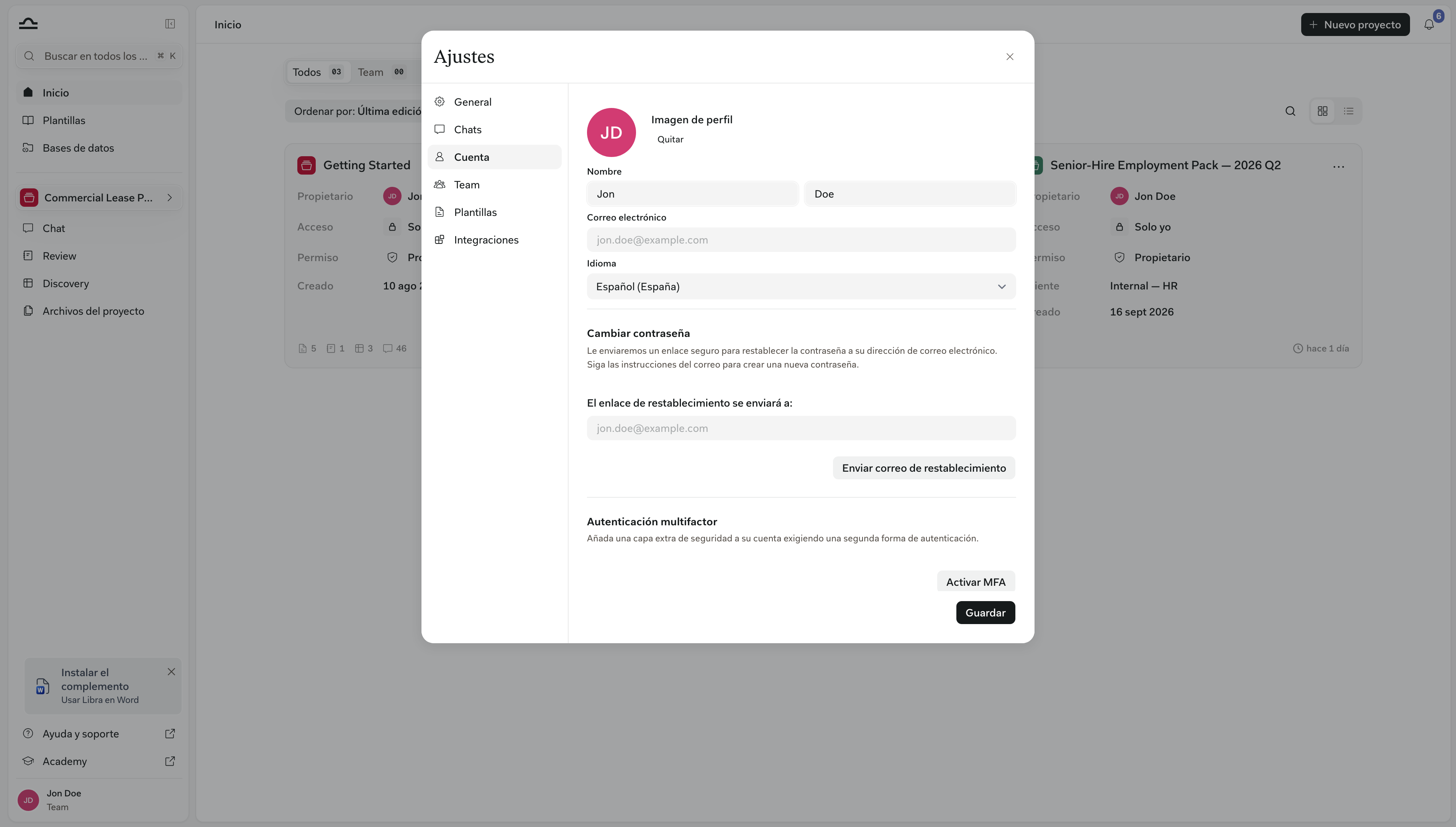 Pestaña de configuración de cuenta