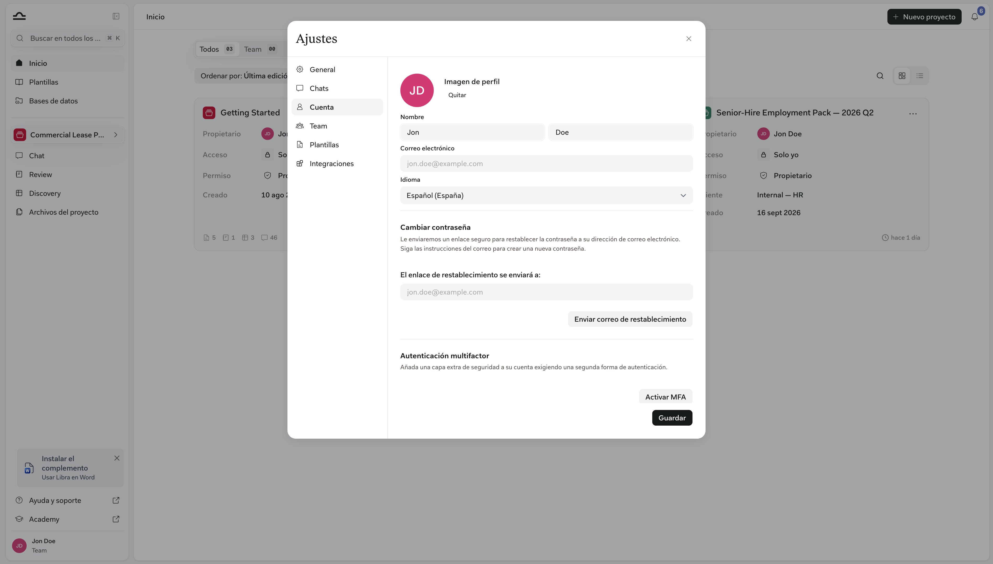 Pestaña de configuración de cuenta