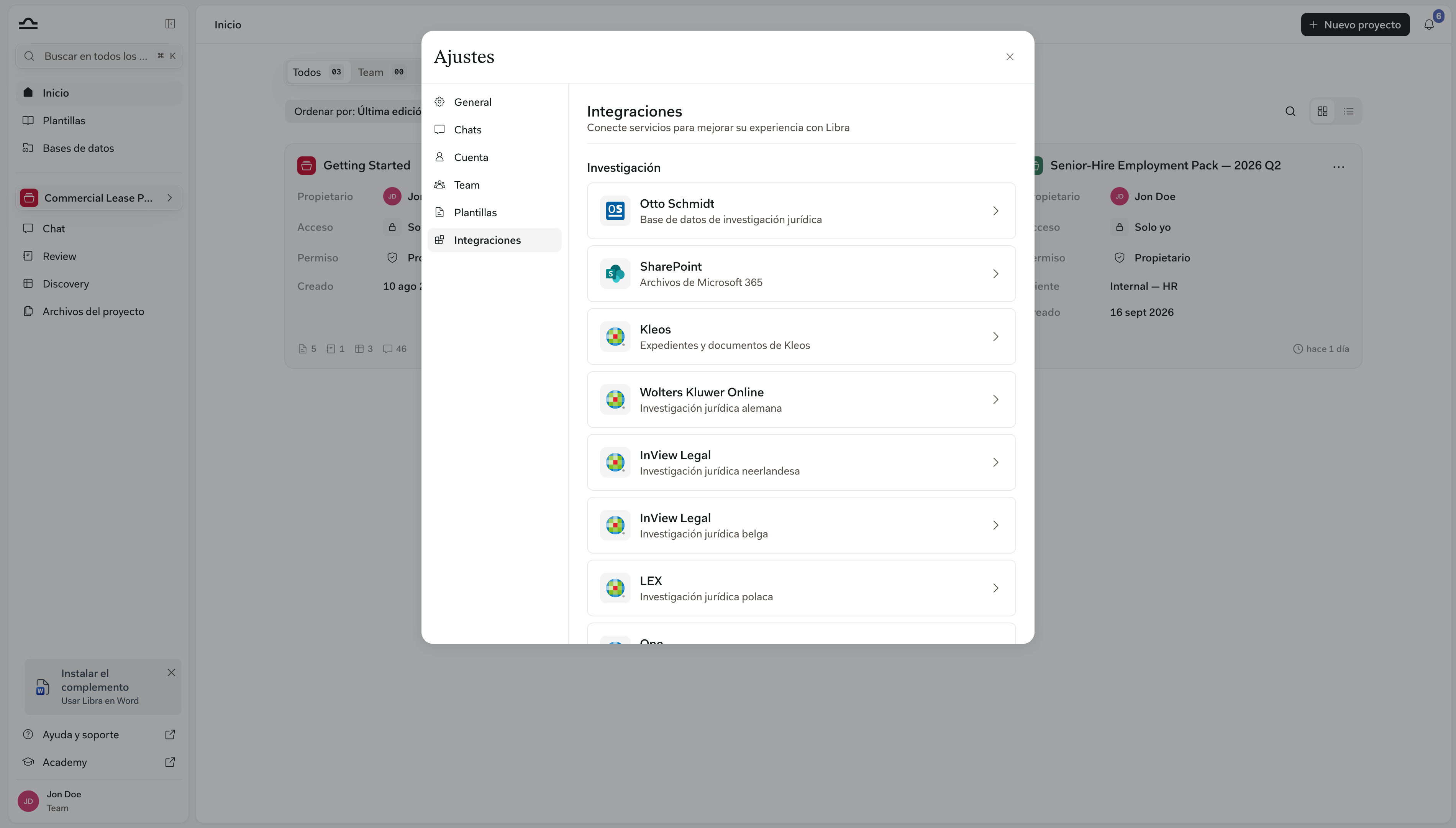 Pestaña de configuración de integraciones