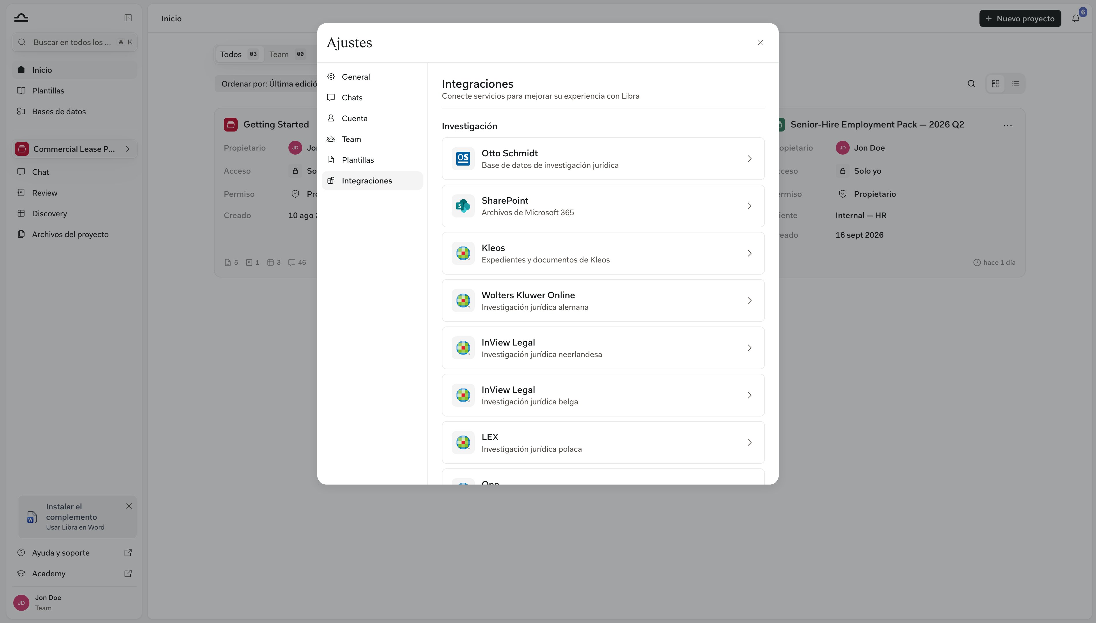 Pestaña de configuración de integraciones