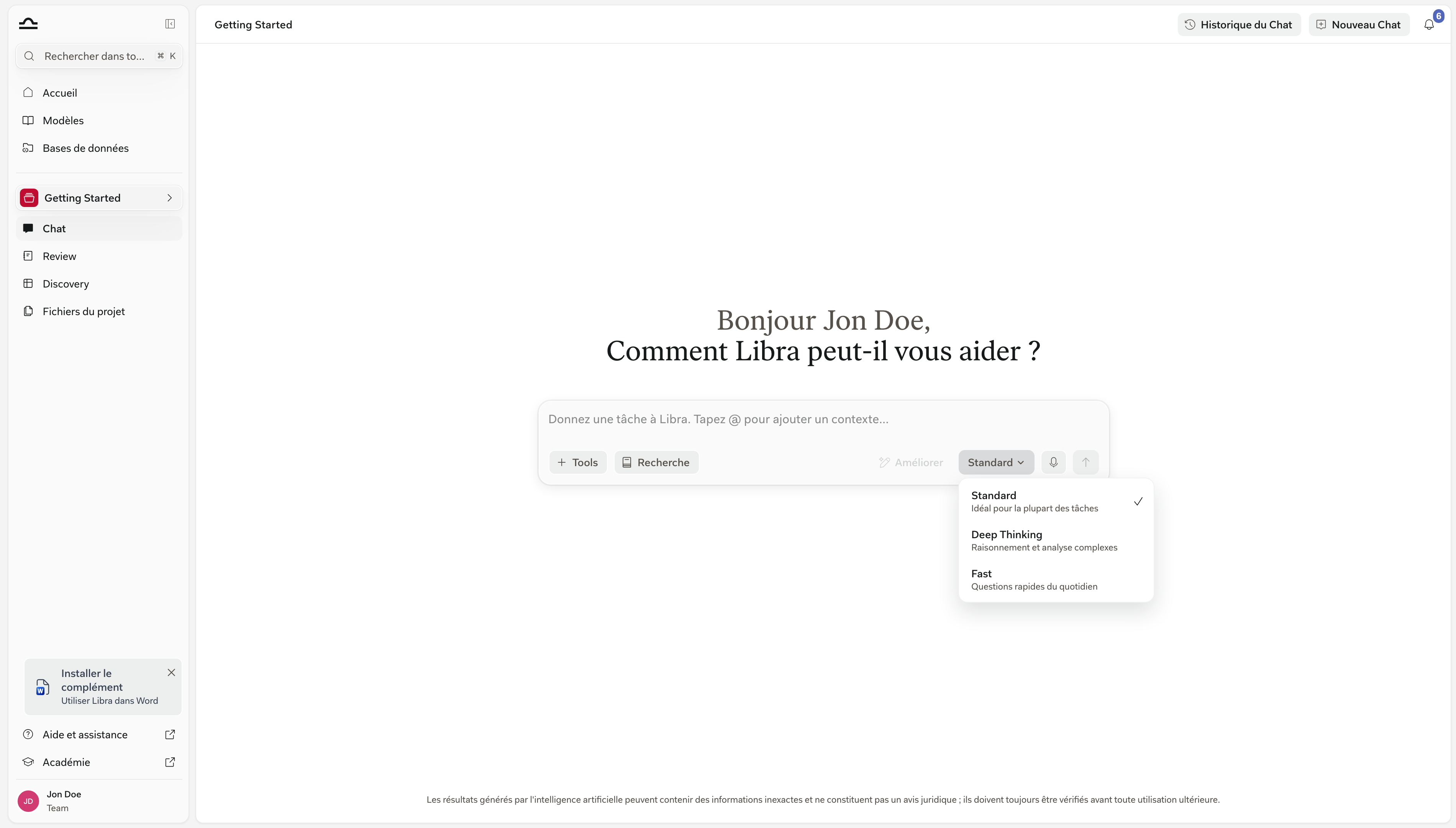 Le menu des modes ouvert sous la zone de saisie du chat, affichant Standard, Deep Thinking et Fast avec leurs descriptions d'une ligne et une coche sur Standard