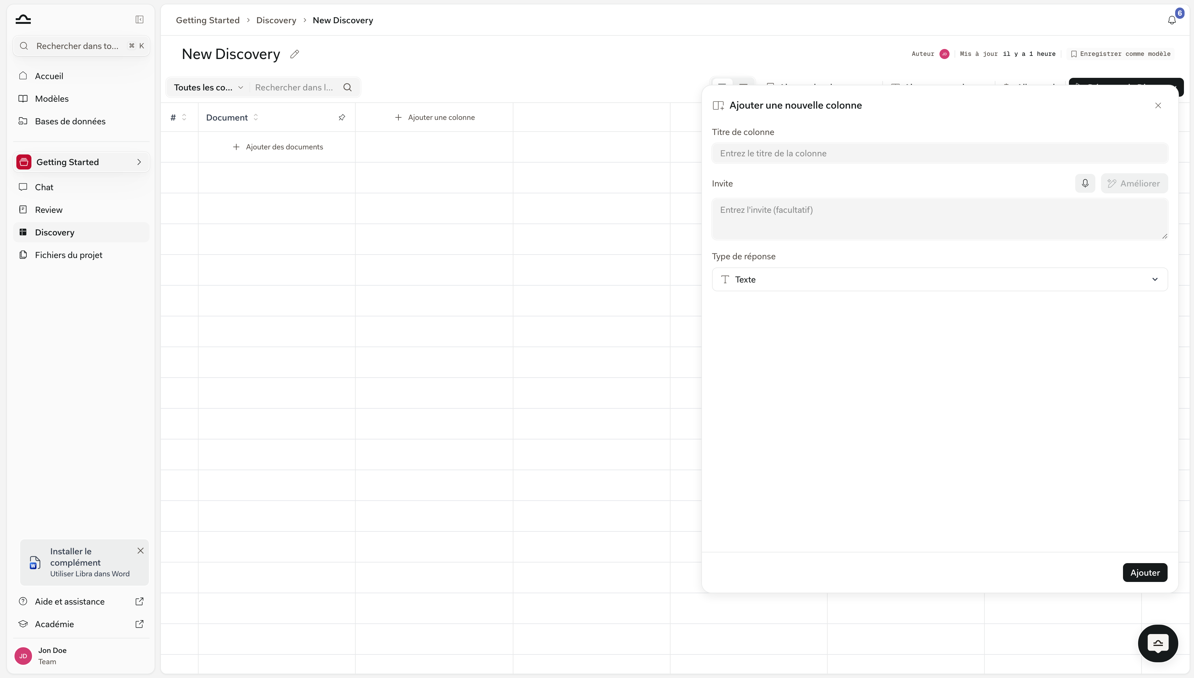 Panneau Add New Column avec les champs Column Label, Prompt et Answer Type