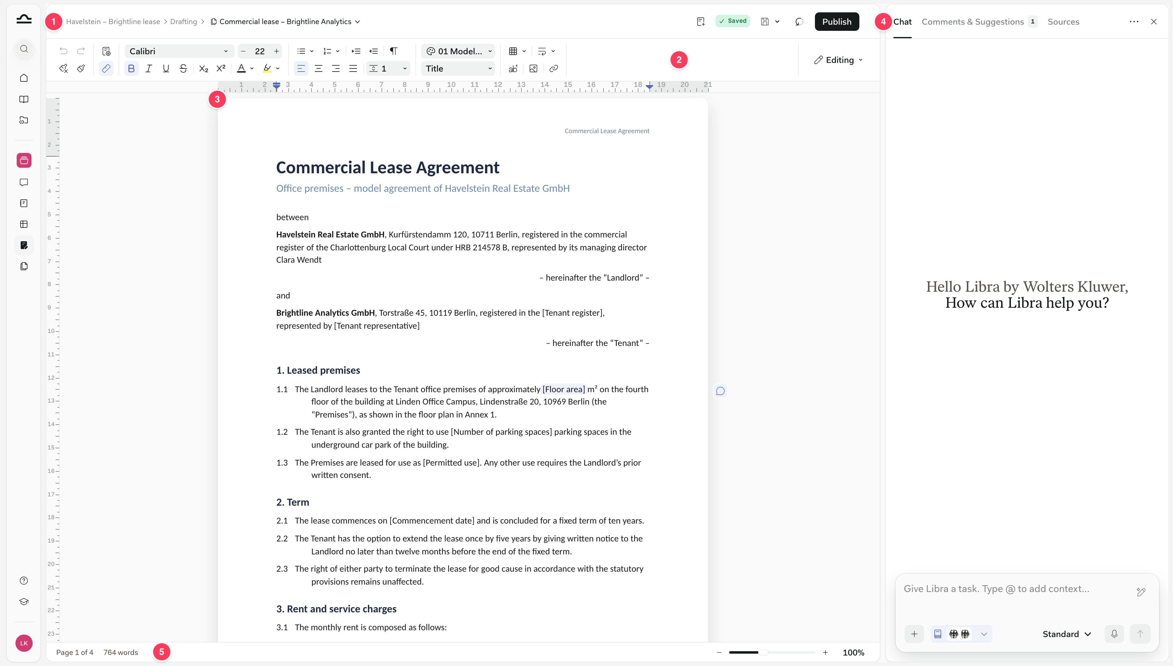 Editor s otevřenou komerční nájemní smlouvou, očíslováno: 1 lišta s názvem, 2 panel nástrojů, 3 stránka se značkou komentáře na okraji, 4 pravý panel se třemi záložkami, 5 spodní lišta