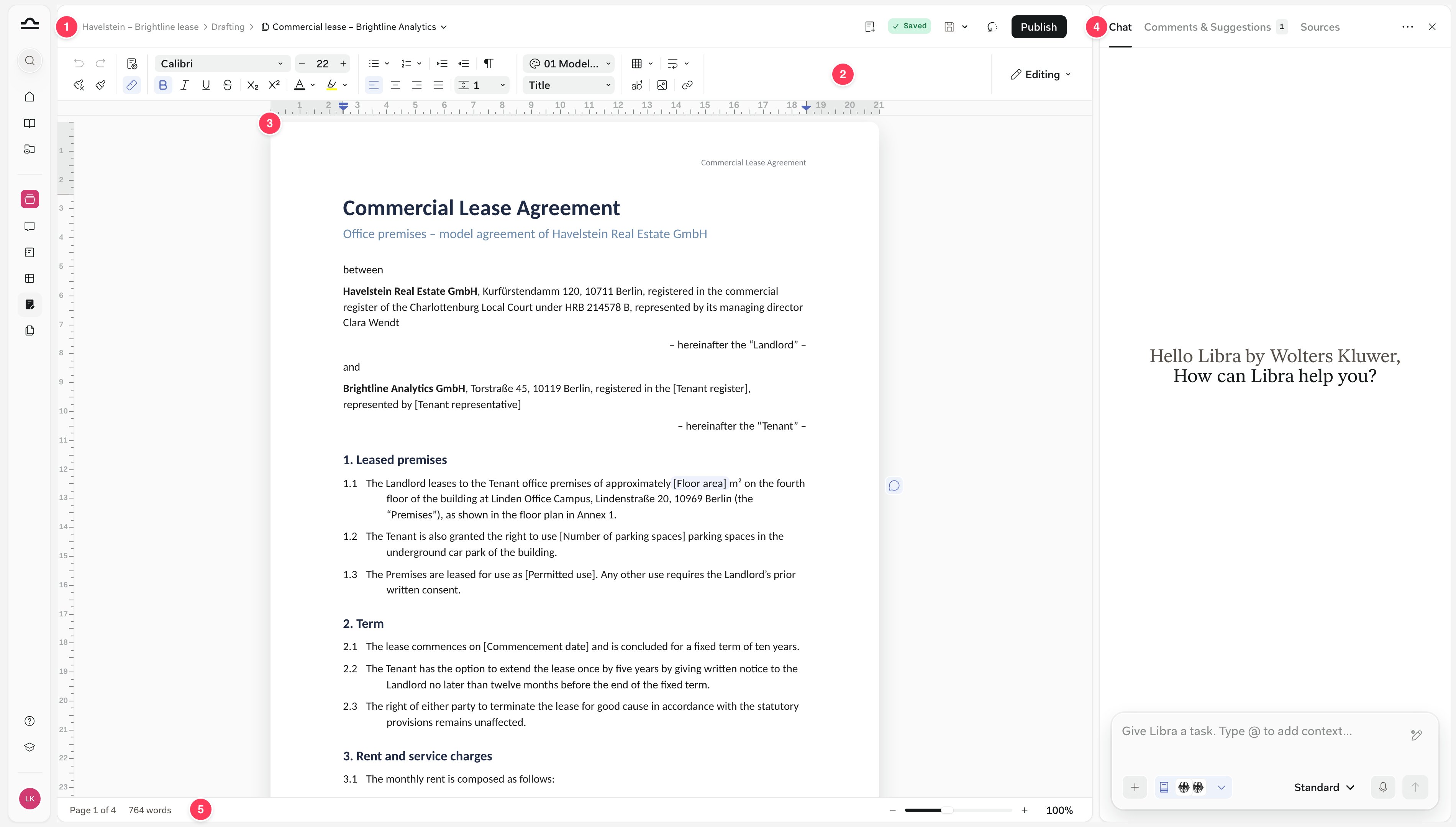 Editor s otevřenou komerční nájemní smlouvou, očíslováno: 1 lišta s názvem, 2 panel nástrojů, 3 stránka se značkou komentáře na okraji, 4 pravý panel se třemi záložkami, 5 spodní lišta