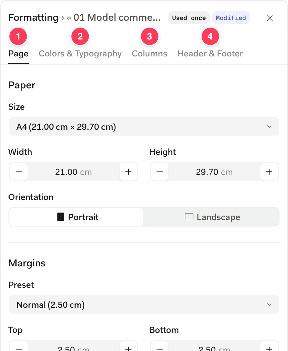 Panel Formátování na záložce Stránka, se záložkami očíslovanými 1 Stránka, 2 Barvy a typografie, 3 Sloupce, 4 Záhlaví a zápatí