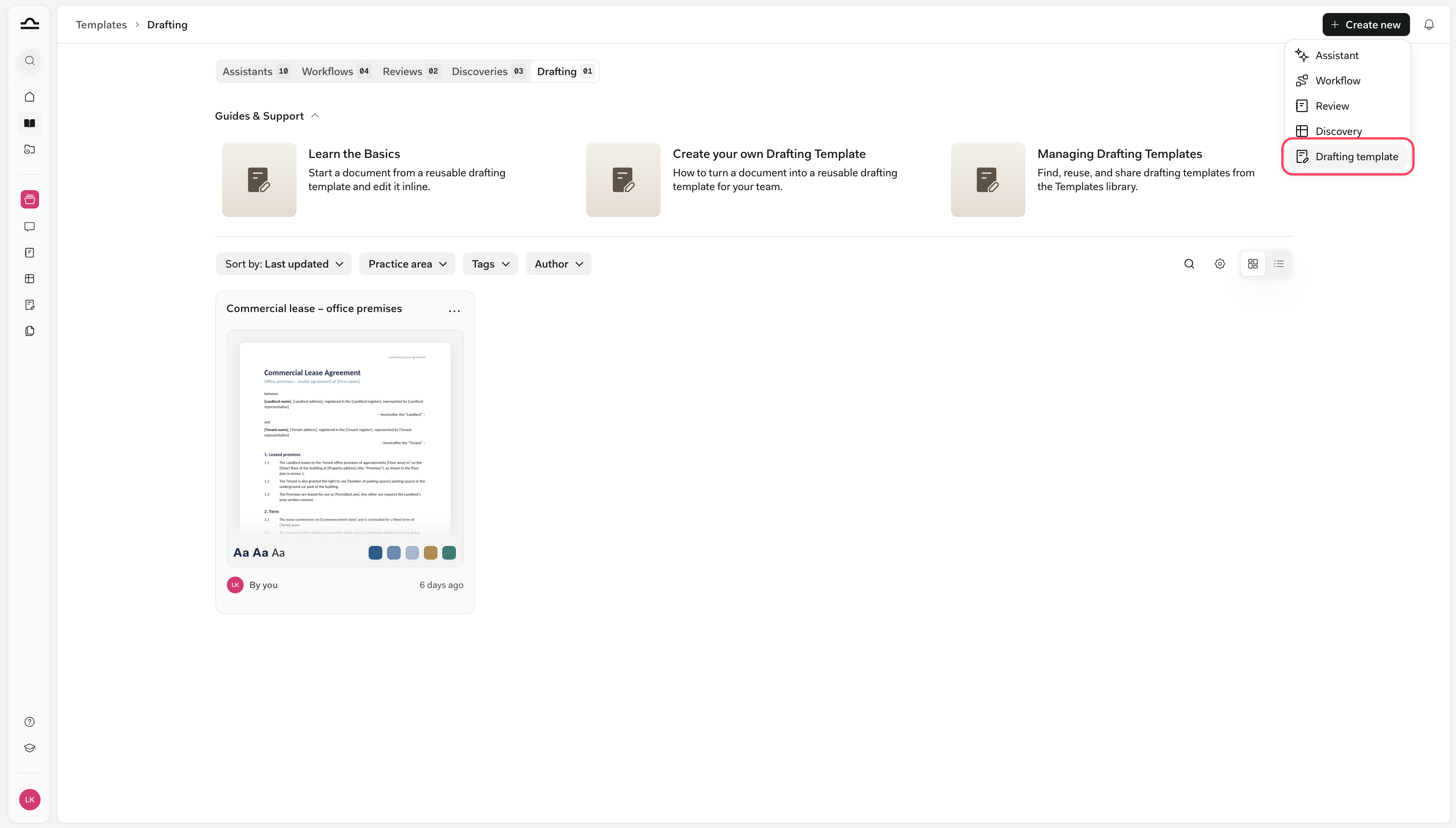 Šablony › Drafting s otevřenou nabídkou Vytvořit nový na položkách Assistant, Workflow, Review, Discovery a Šablona draftingu, která je zvýrazněná