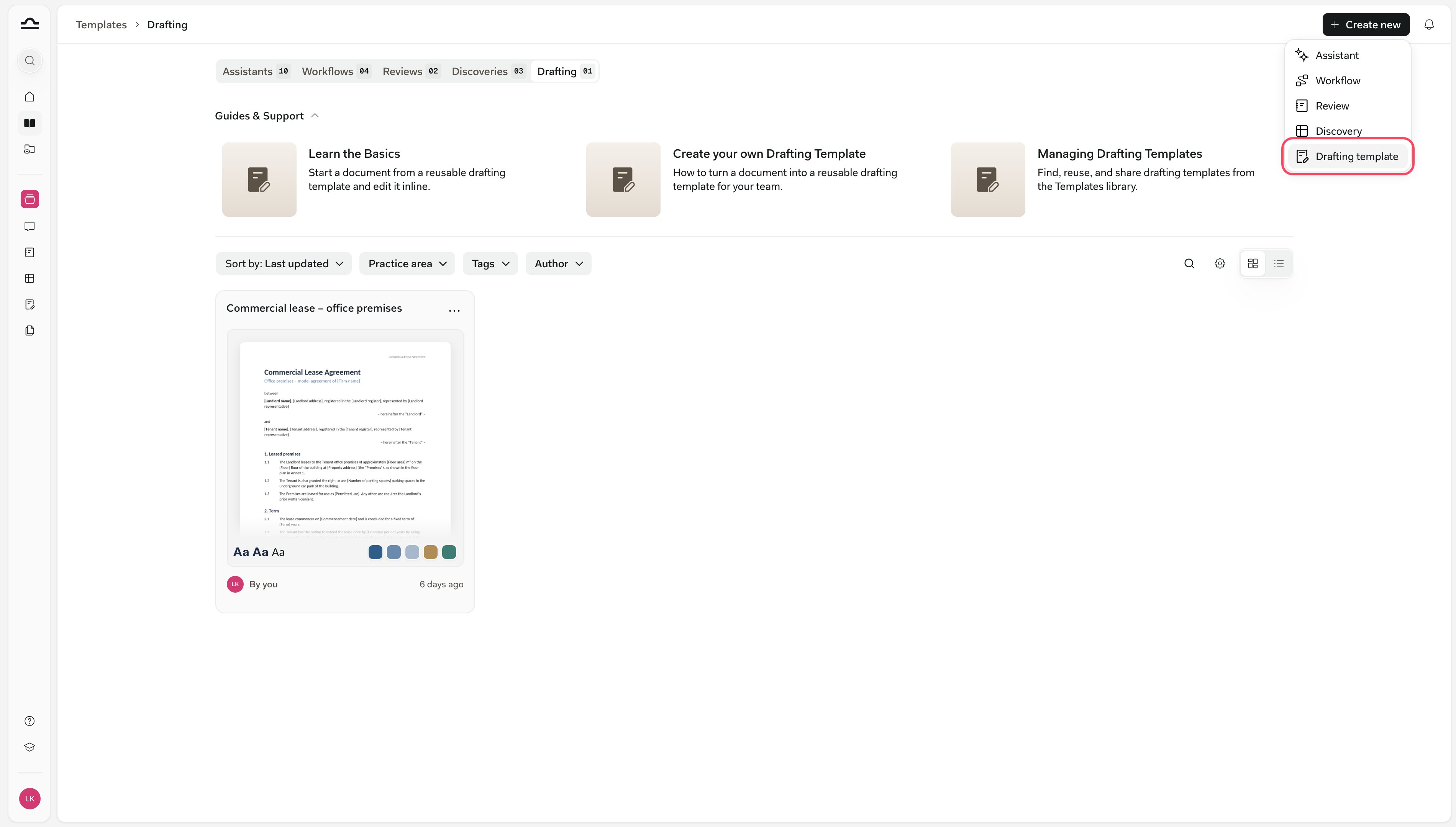 Šablony › Drafting s otevřenou nabídkou Vytvořit nový na položkách Assistant, Workflow, Review, Discovery a Šablona draftingu, která je zvýrazněná