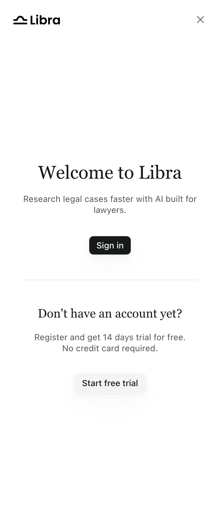 Libra widget auth screen: Welcome to Libra, Sign in button, Start free trial button