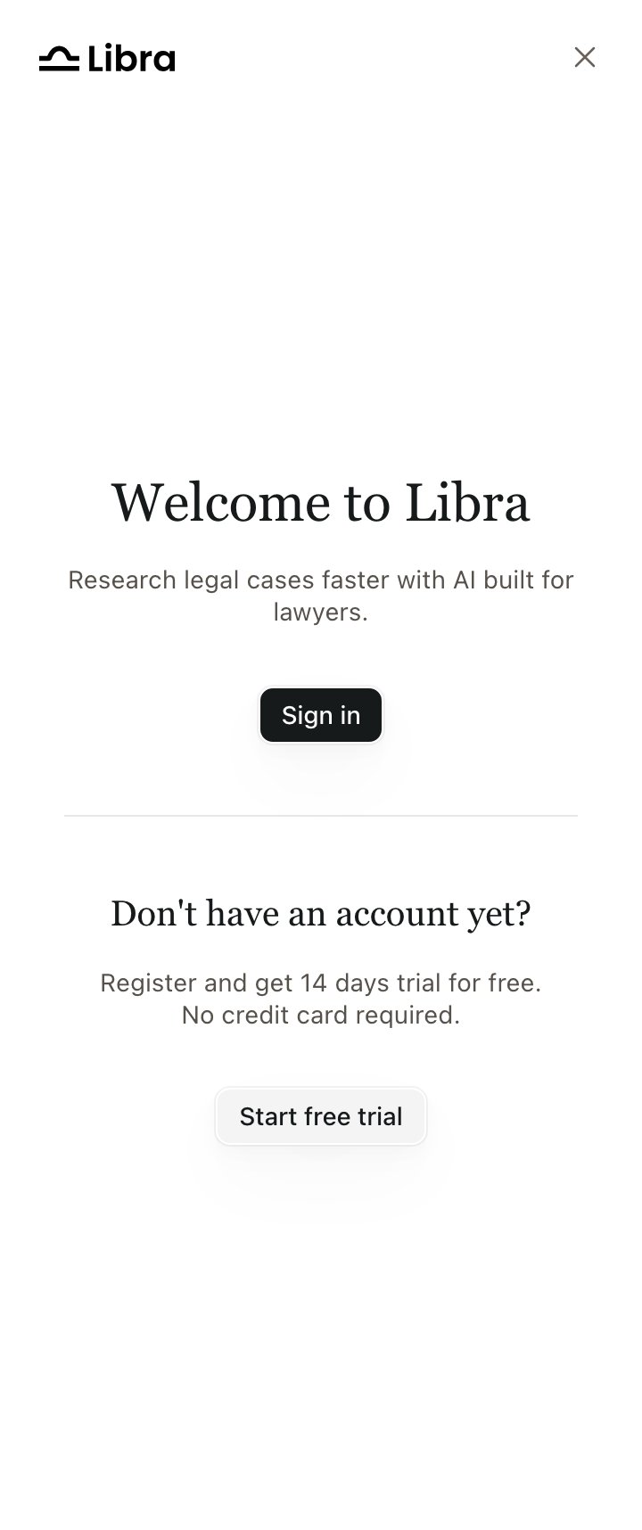 Libra widget auth screen: Welcome to Libra, Sign in button, Start free trial button