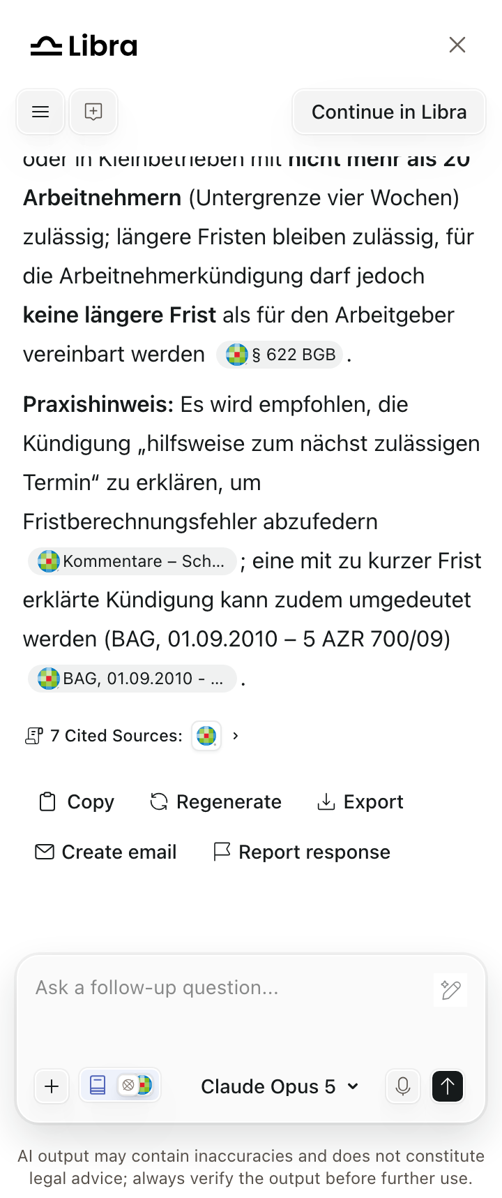 Libra widget showing a German legal answer with inline citation chips, a '12 Cited Sources' row, and Copy / Regenerate / Export / Create email actions