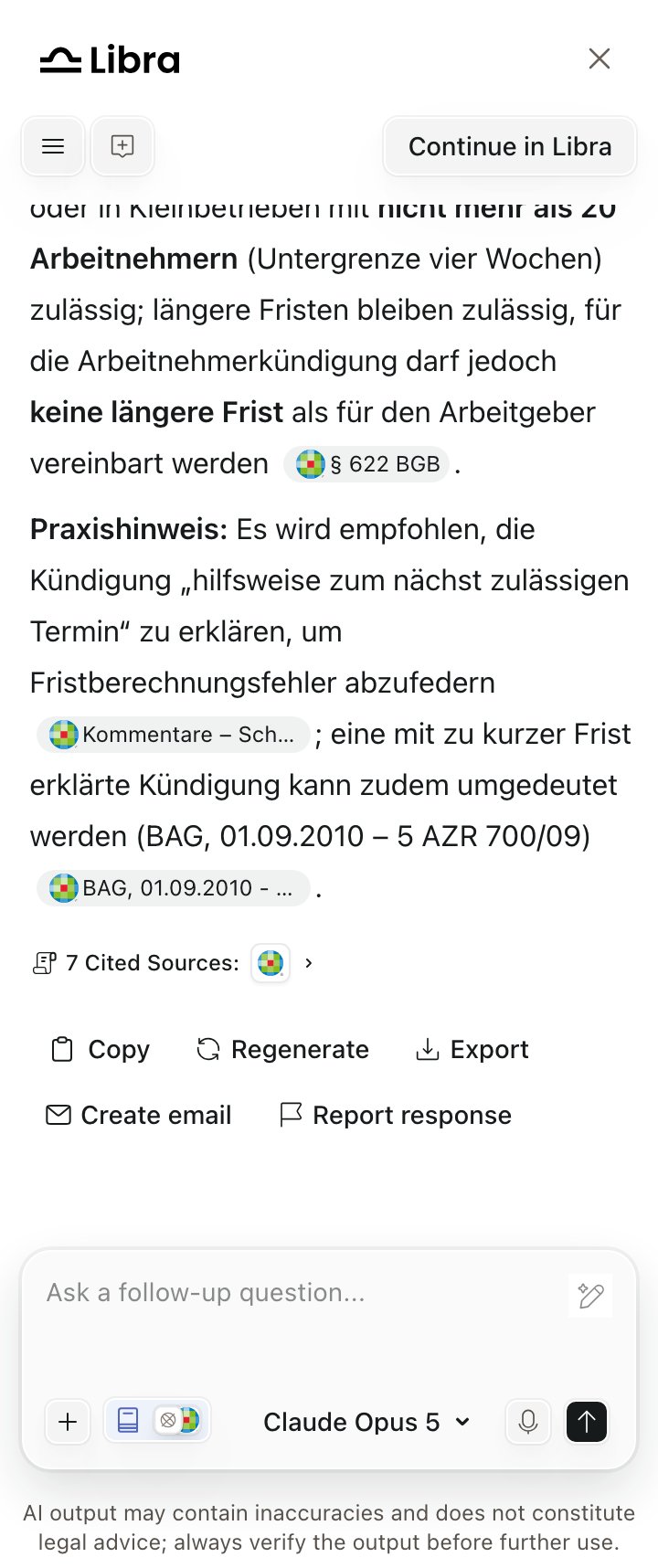 Libra widget showing a German legal answer with inline citation chips, a '12 Cited Sources' row, and Copy / Regenerate / Export / Create email actions