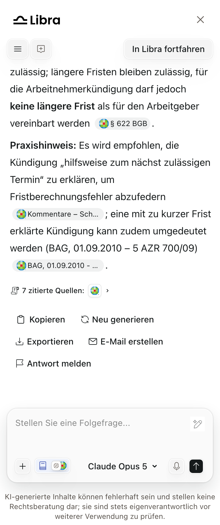 Libra widget in German showing '12 zitierte Quellen' and Kopieren / Neu generieren / Exportieren actions above the same answer