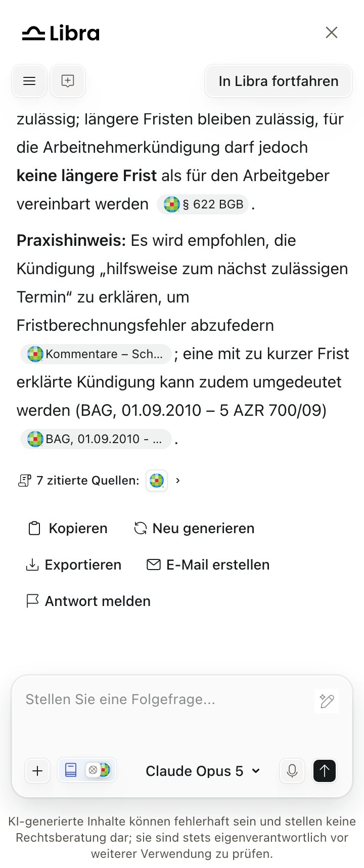 Libra widget in German showing '12 zitierte Quellen' and Kopieren / Neu generieren / Exportieren actions above the same answer