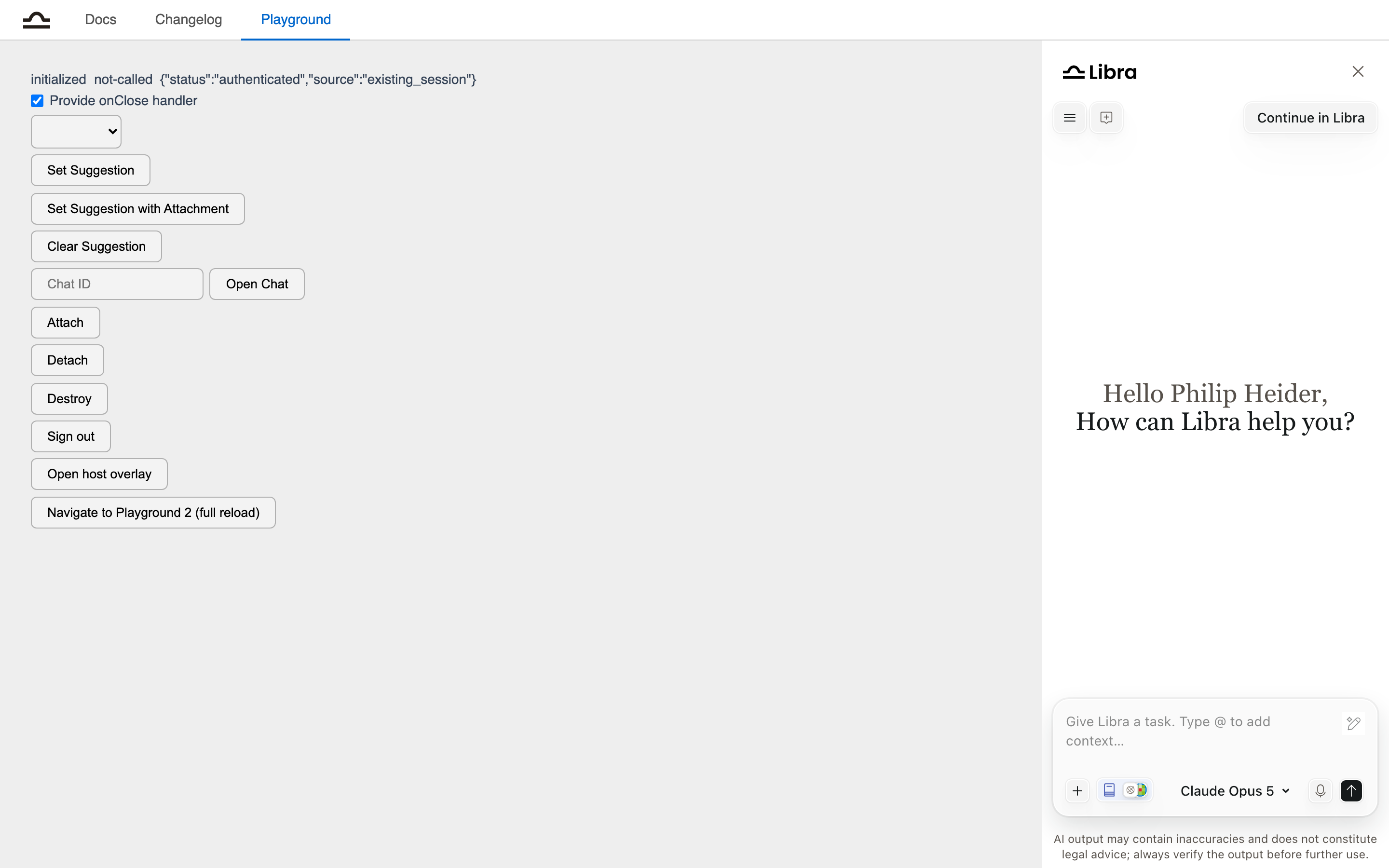 The Libra SDK playground page, with host control buttons on the left and the Libra chat widget docked on the right