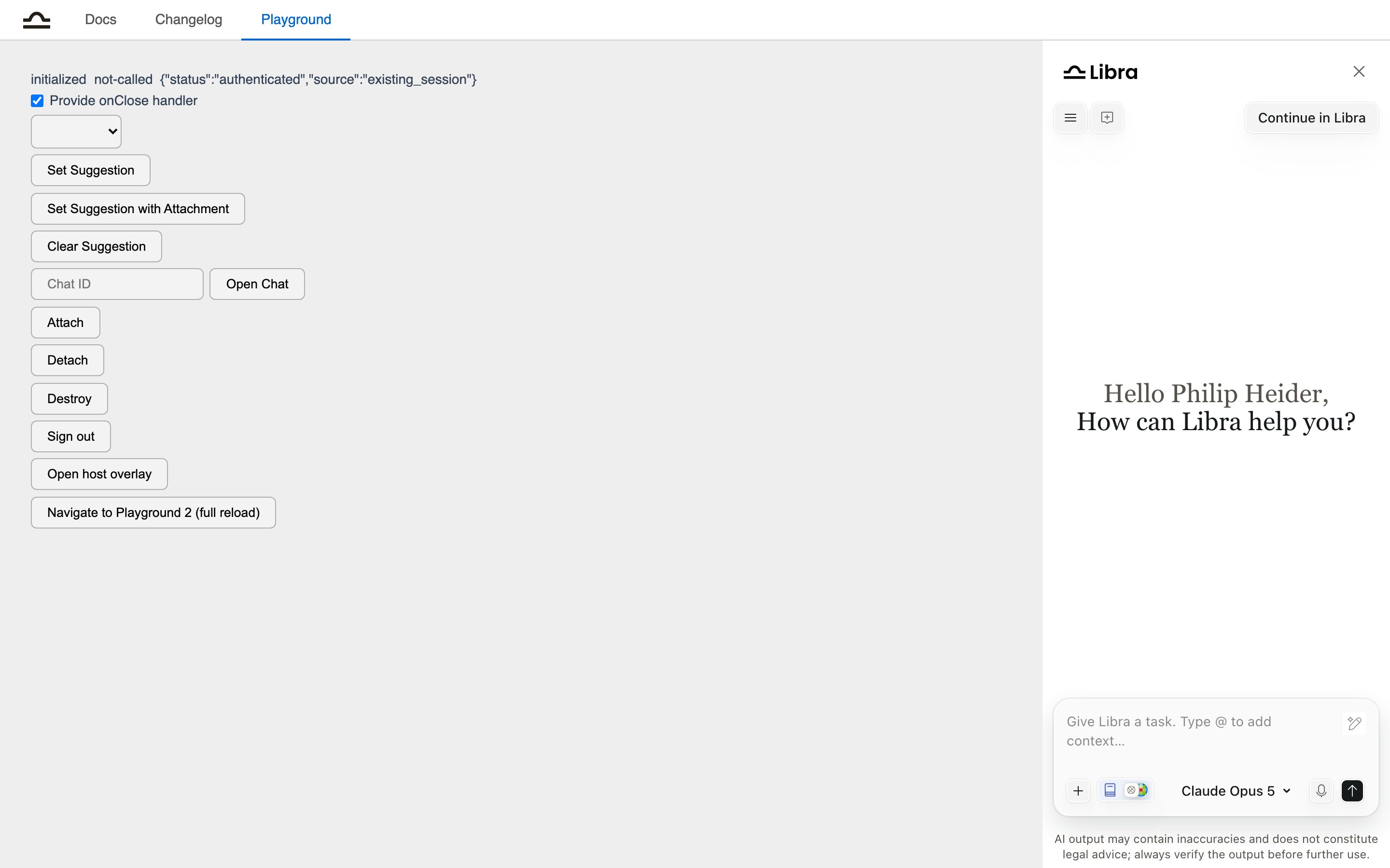 The Libra SDK playground page, with host control buttons on the left and the Libra chat widget docked on the right