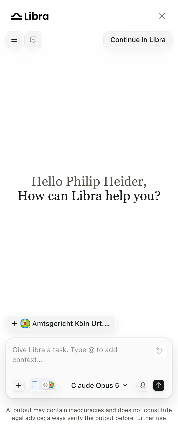 Libra widget composer showing a document suggestion chip, the Tools and Research buttons, the Claude Opus 5 tier control, microphone and send