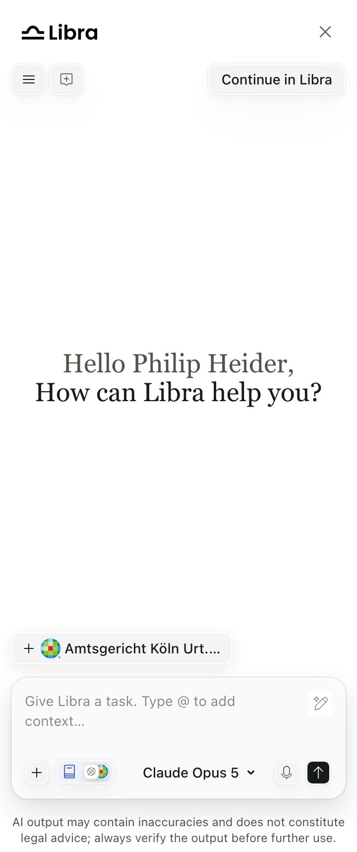 Libra widget composer showing a document suggestion chip, the Tools and Research buttons, the Claude Opus 5 tier control, microphone and send