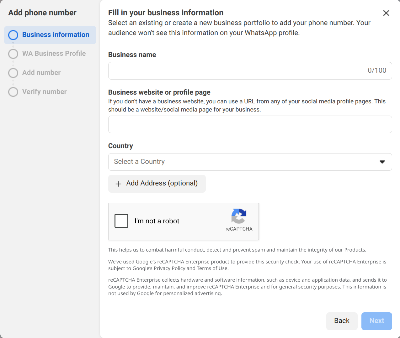 Meta phone number wizard with Business information, WhatsApp Business Profile, Add number, and Verify number stages