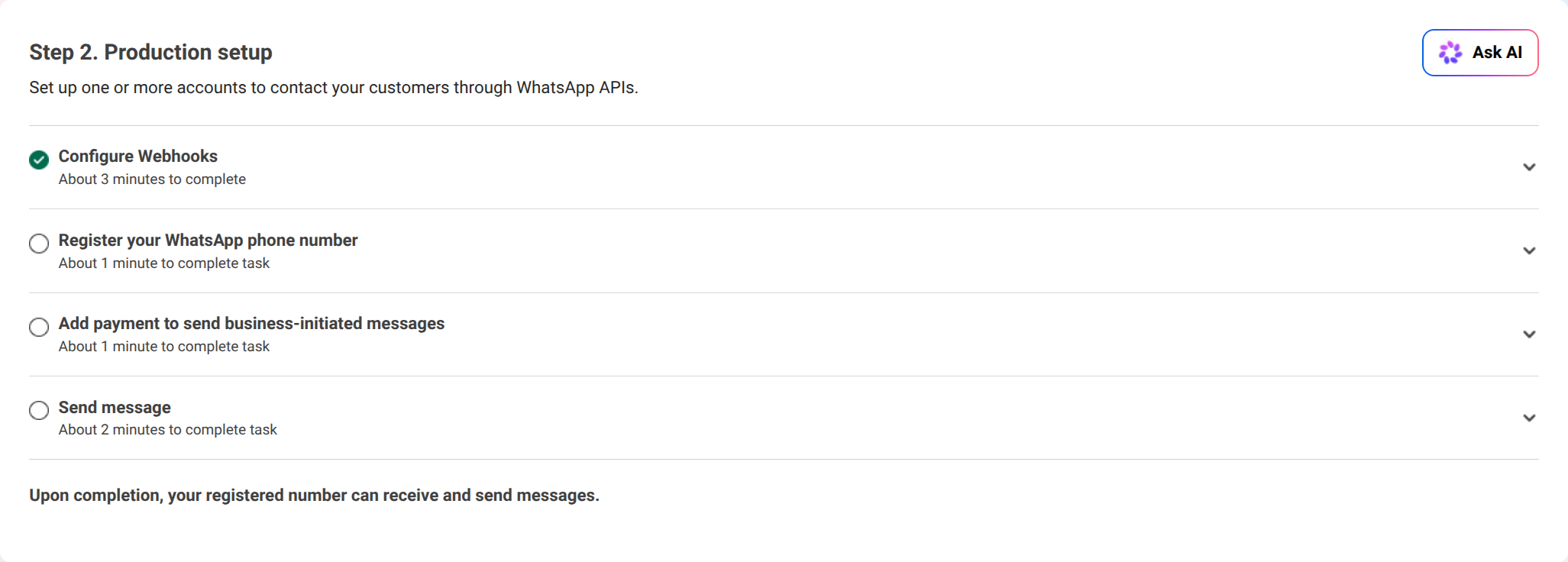 Meta production setup with Webhooks, phone number, payment, and messaging tasks