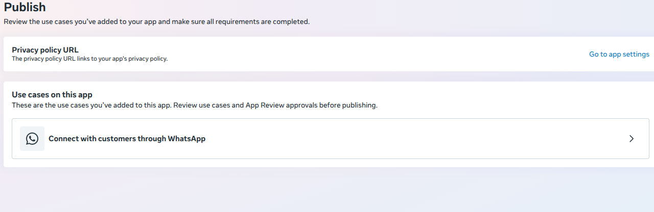 Meta Publish page showing the privacy policy requirement and WhatsApp use case