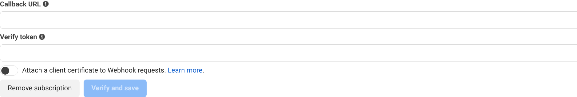 Meta webhook configuration fields for Callback URL and Verify token