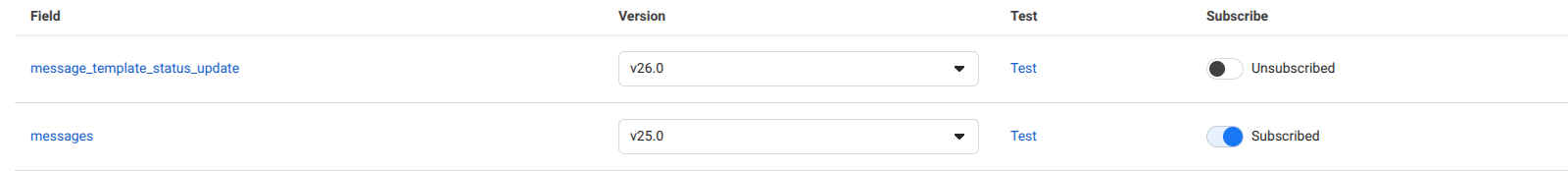 Meta webhook fields for messages and message template status updates