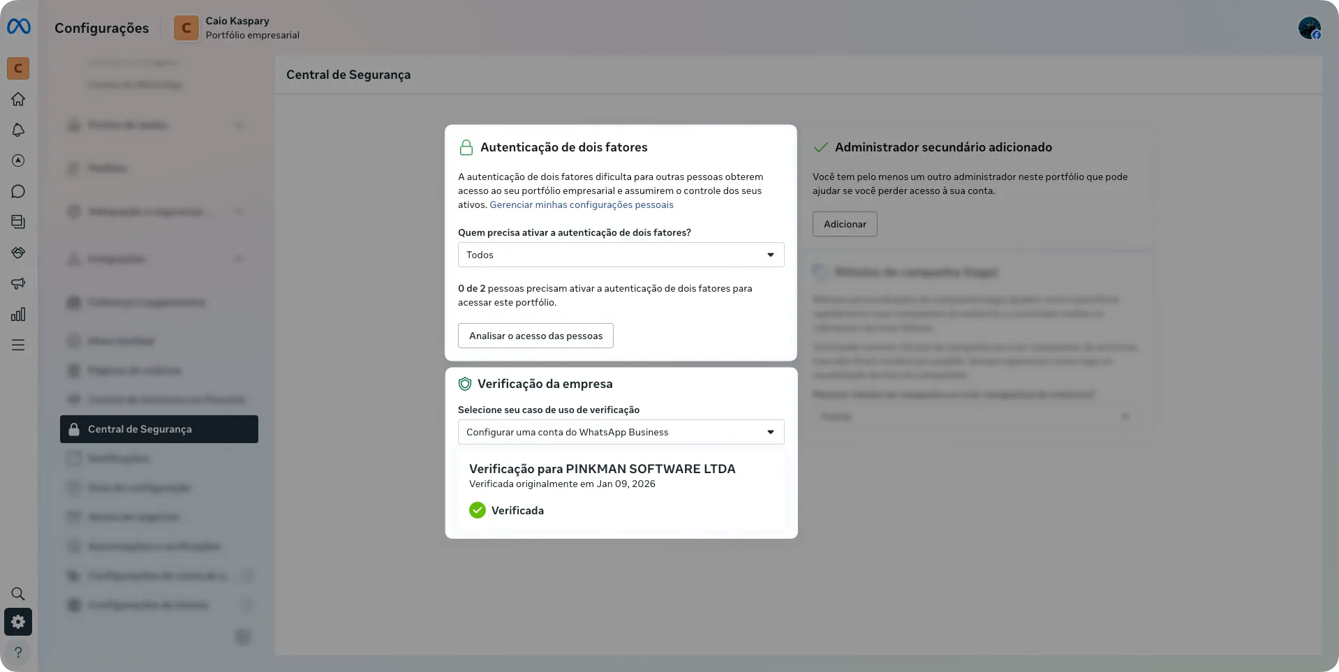 Central de Segurança da Business Manager - BM validada