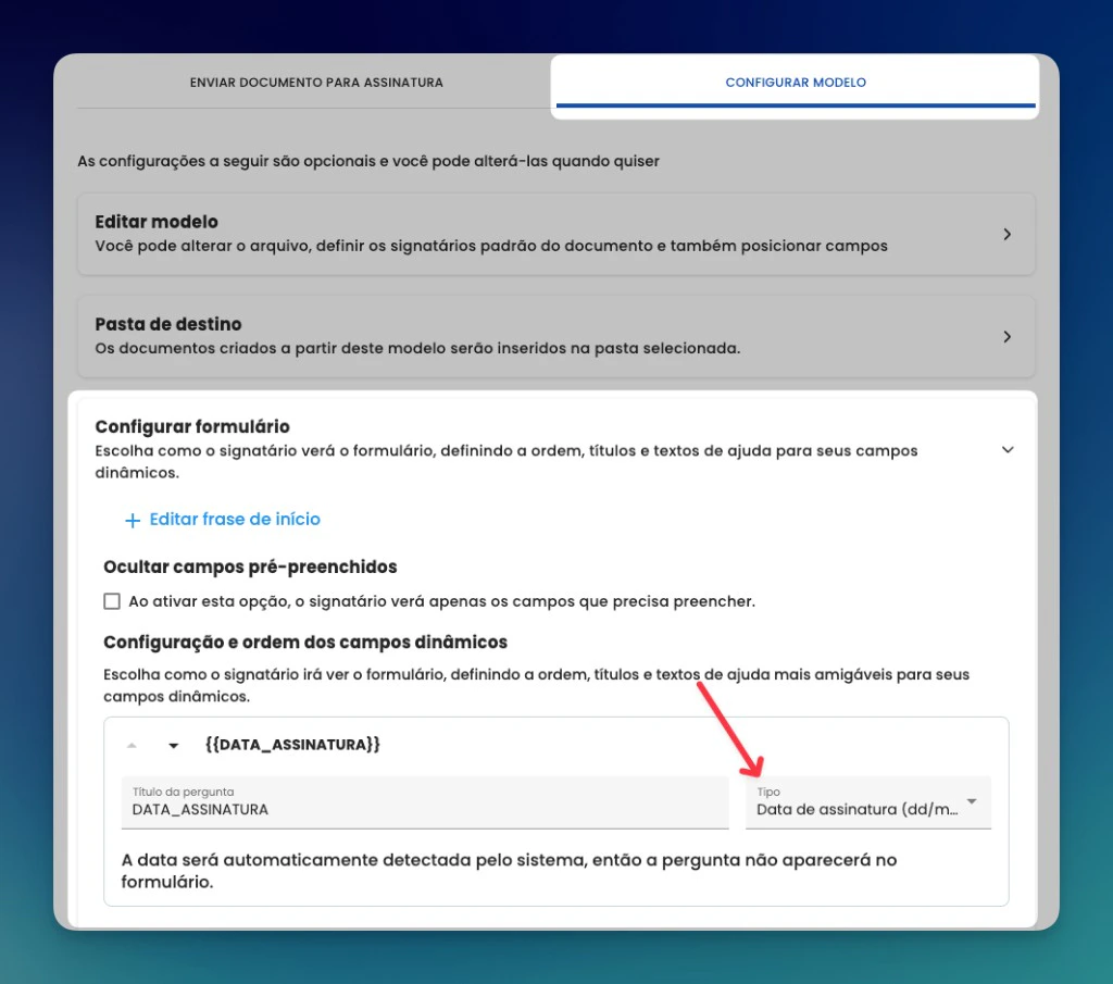 Configurar formulário na ZapSign: campo DATA_ASSINATURA com tipo Data de assinatura