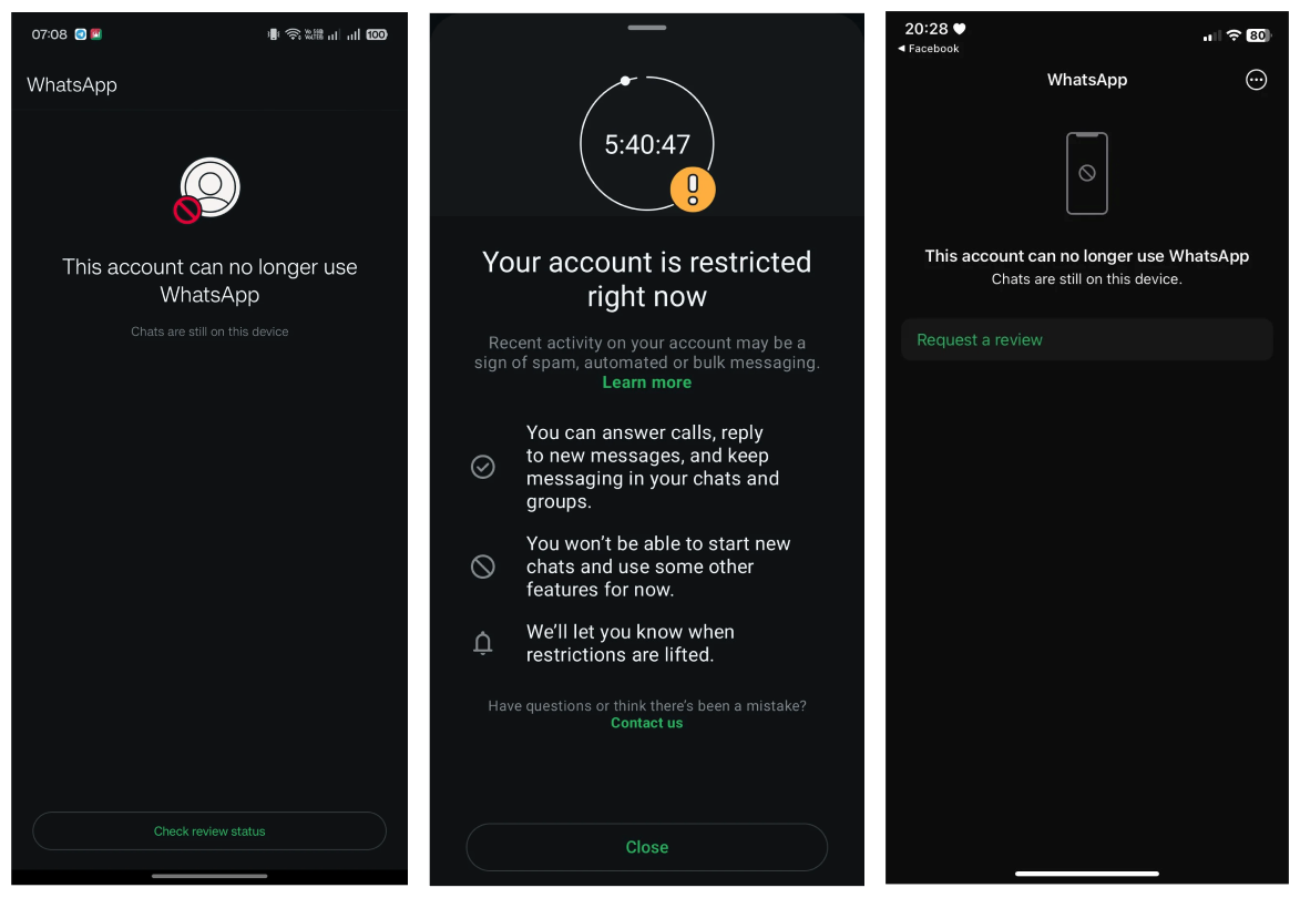 Telas de bloqueio e banimento do WhatsApp