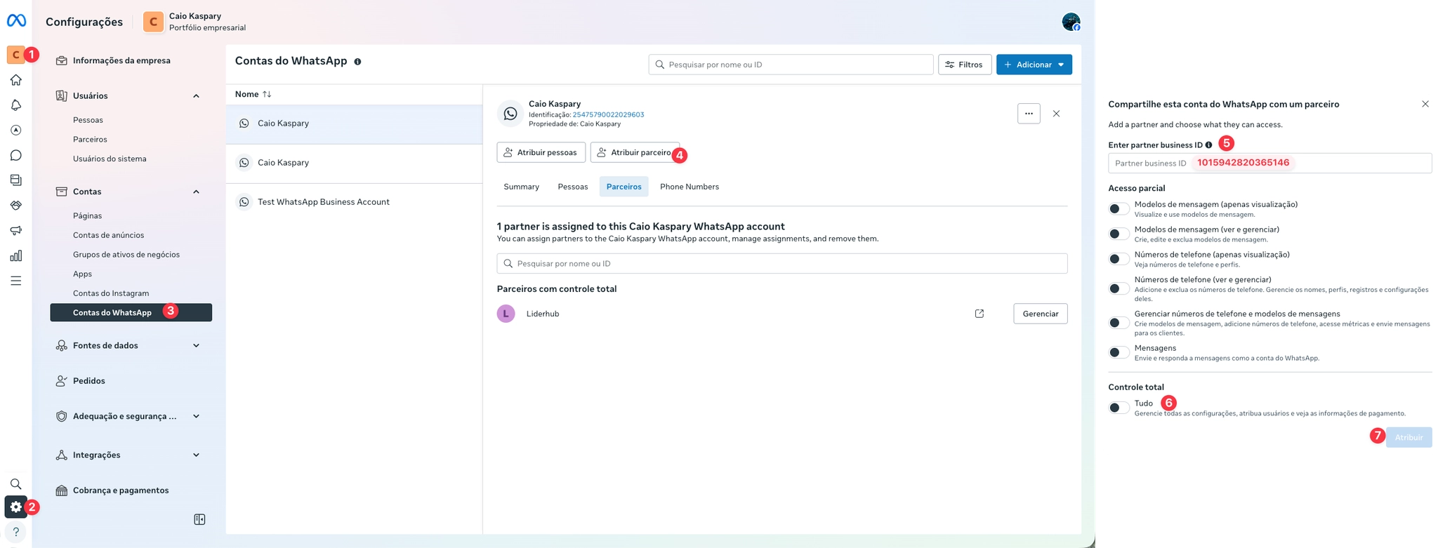 Atribuir parceiro na conta do WhatsApp na Meta Business Suite