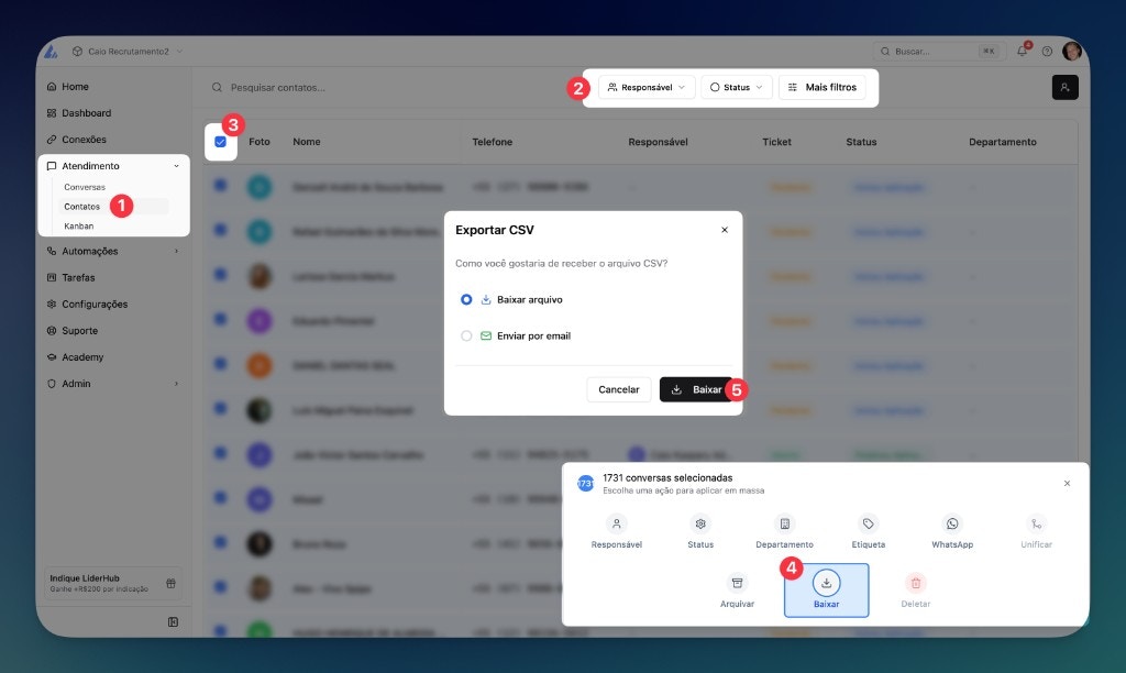 Passo a passo para exportar contatos na LíderHub
